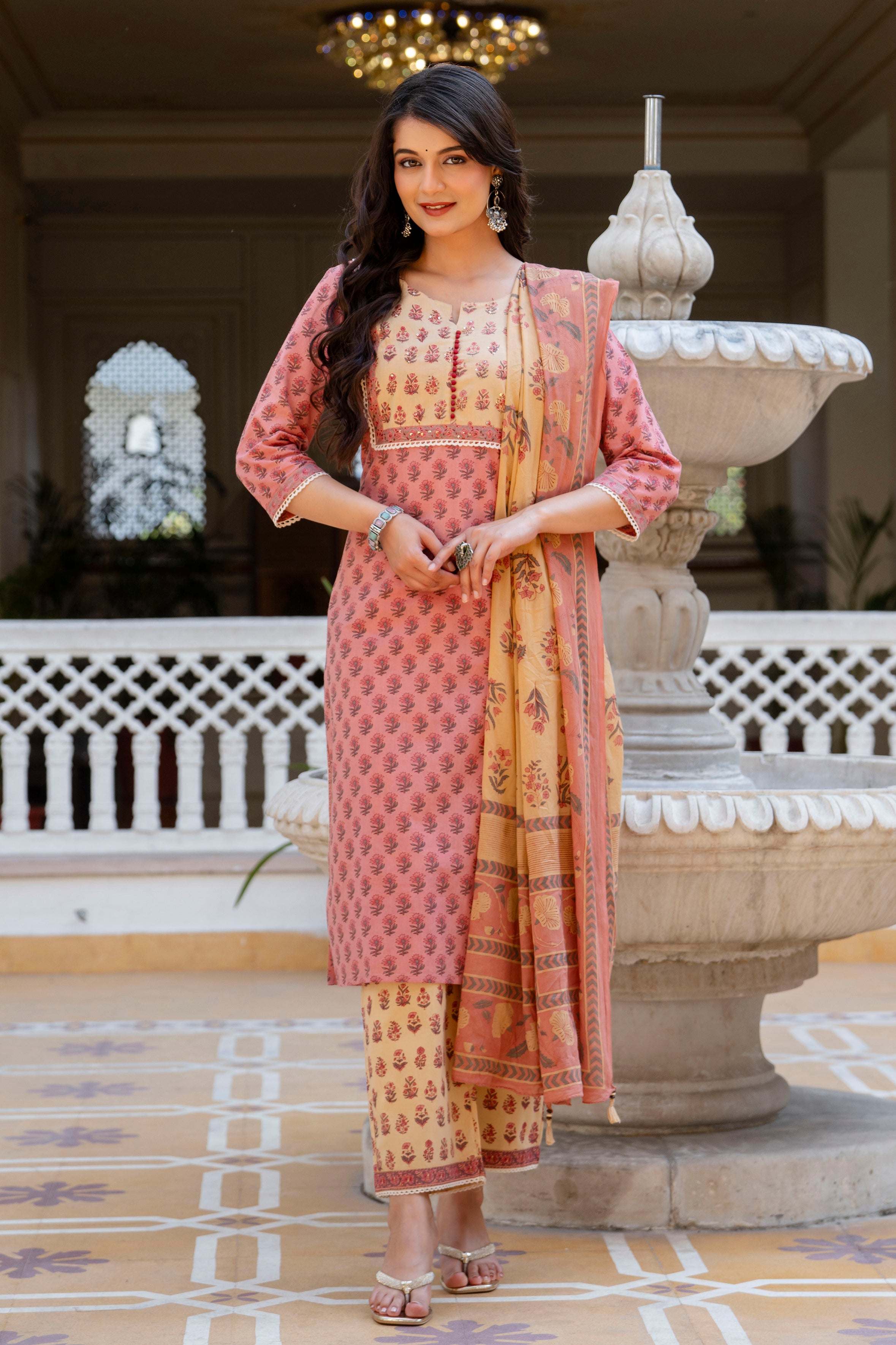 Rosewood Blossom Cotton Suit Set with Mulmul Dupatta
