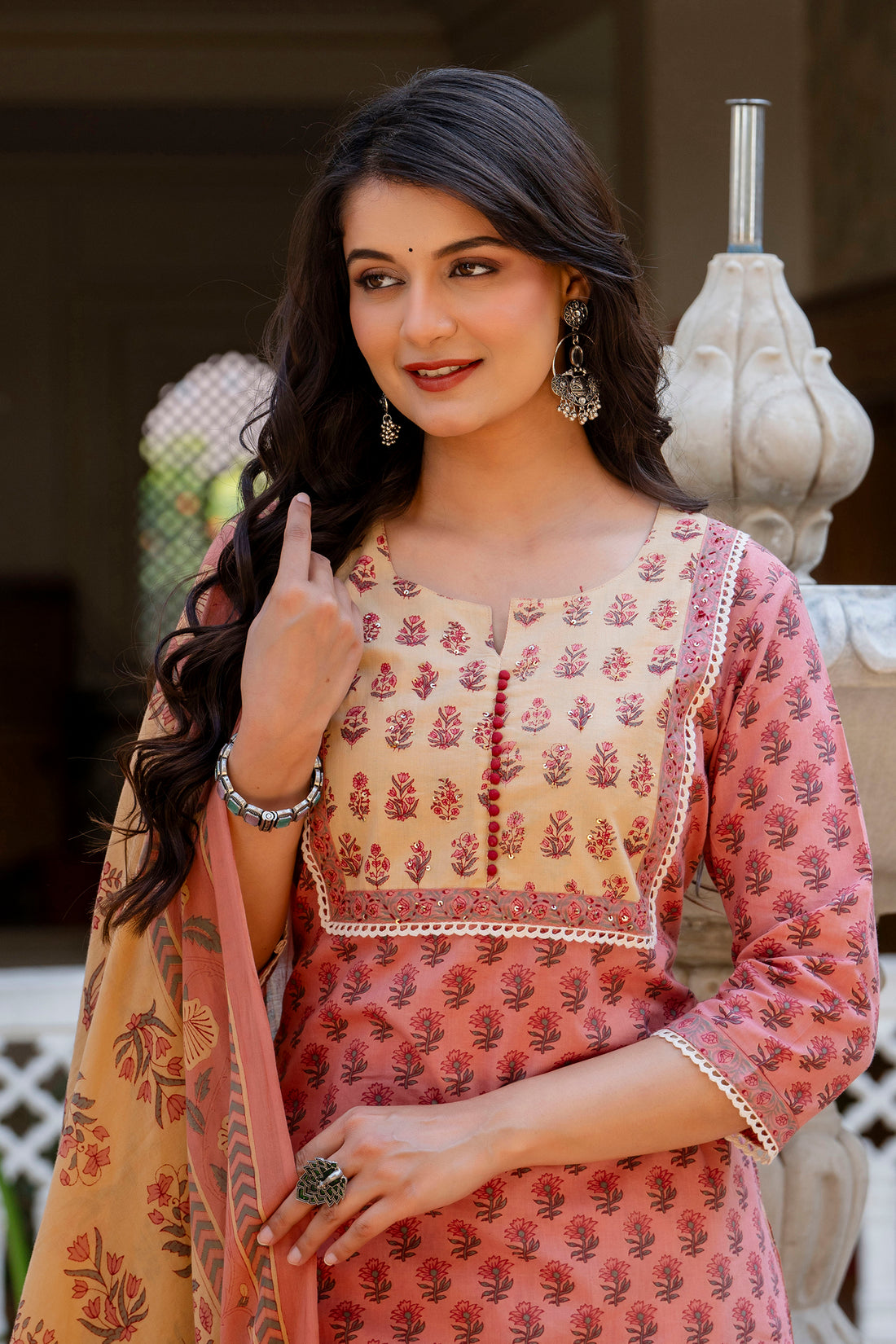 Rosewood Blossom Cotton Suit Set with Mulmul Dupatta