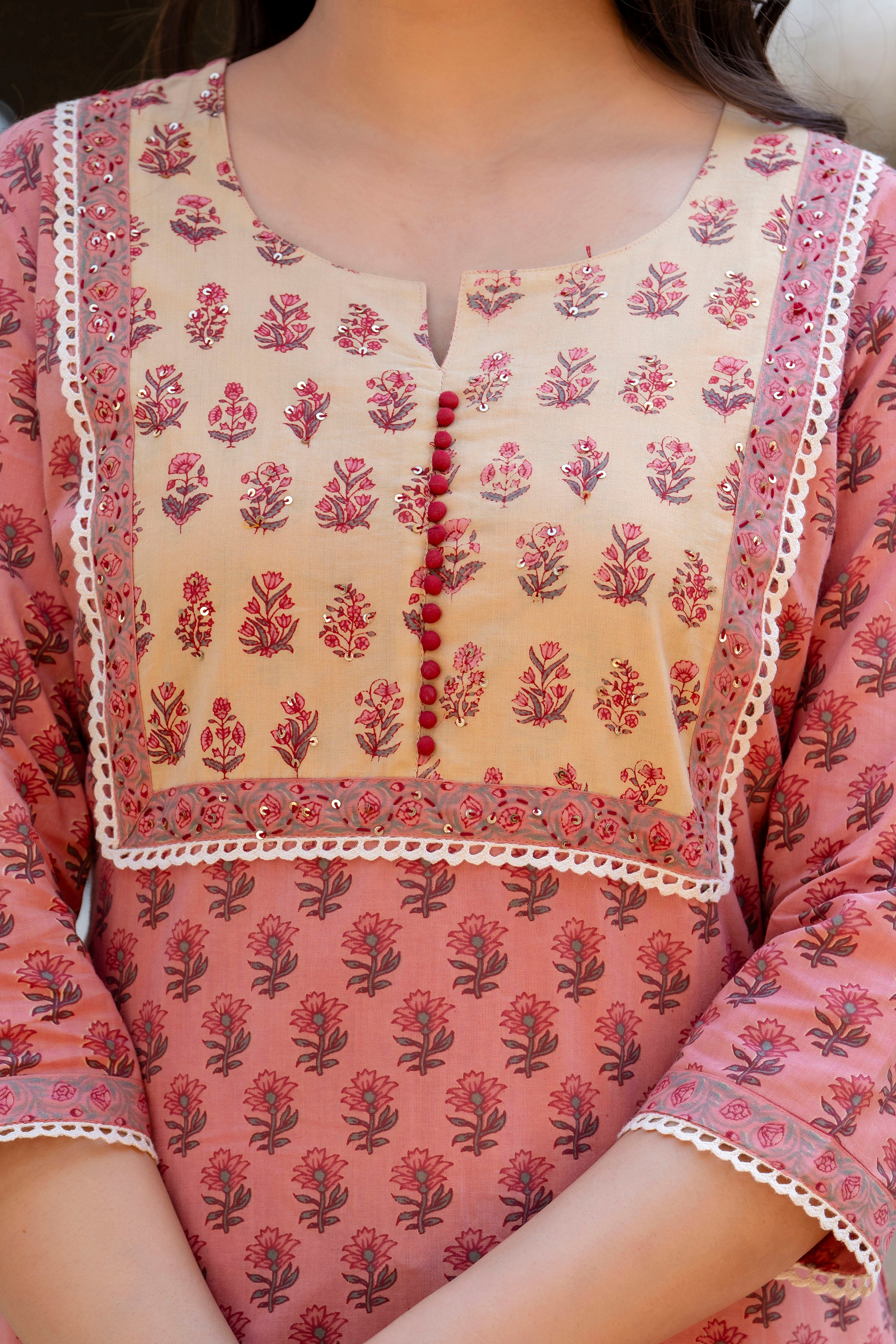 Rosewood Blossom Cotton Suit Set with Mulmul Dupatta