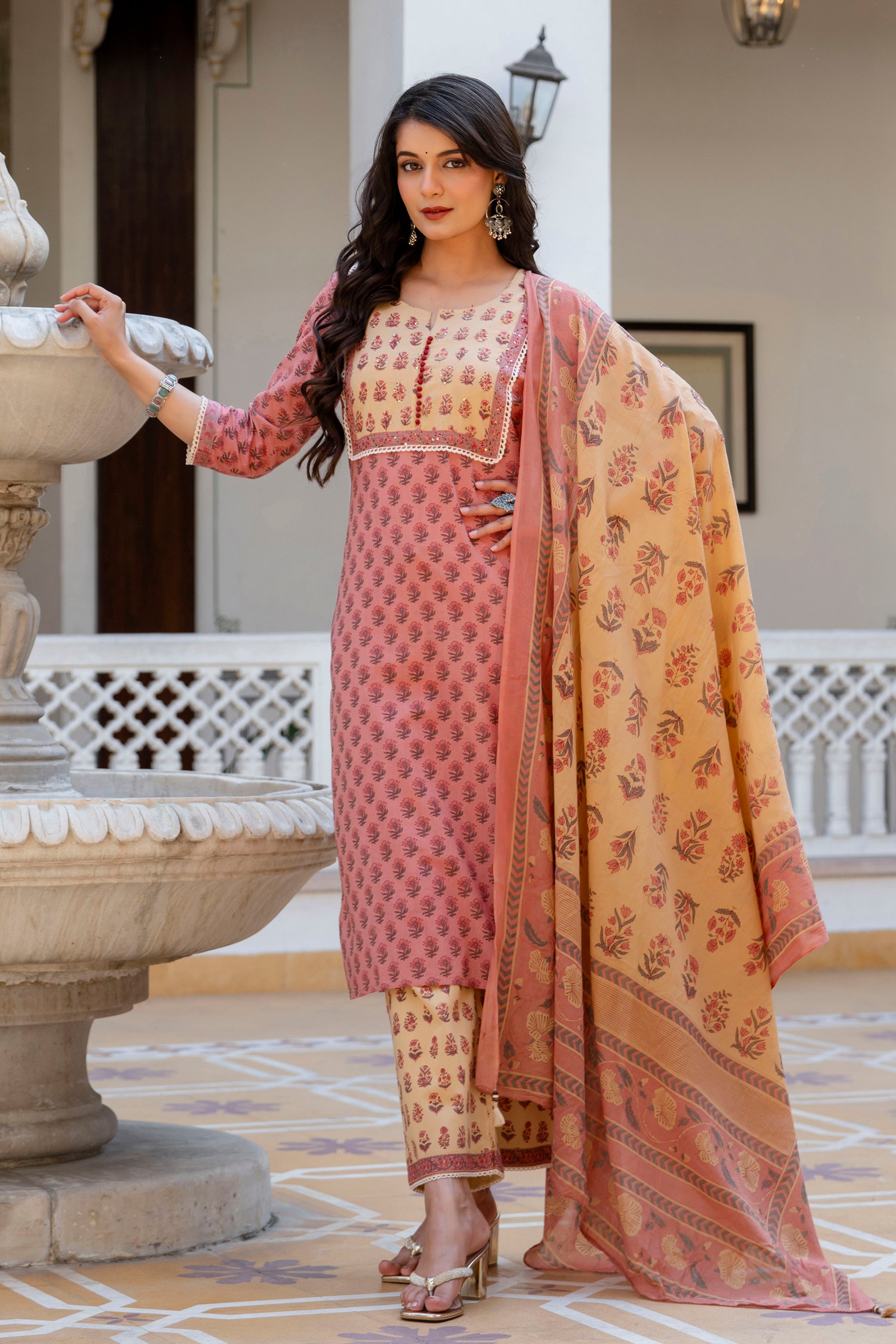 Rosewood Blossom Cotton Suit Set with Mulmul Dupatta