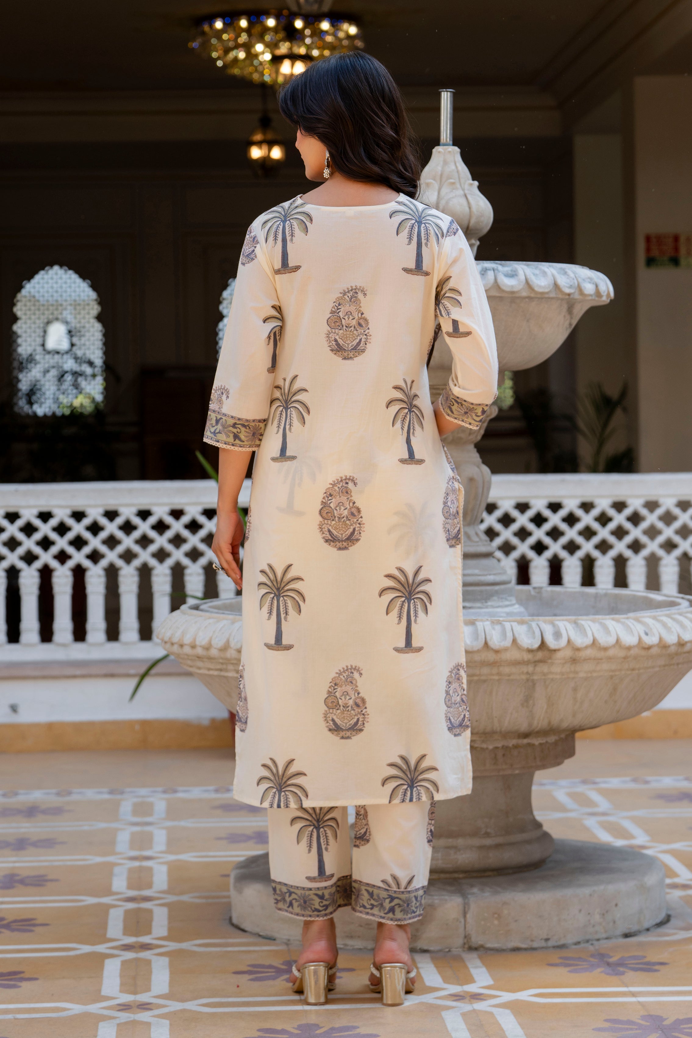 Ivory Hand-Block Printed Cotton Straight Suit Set with Cotton Dupatta