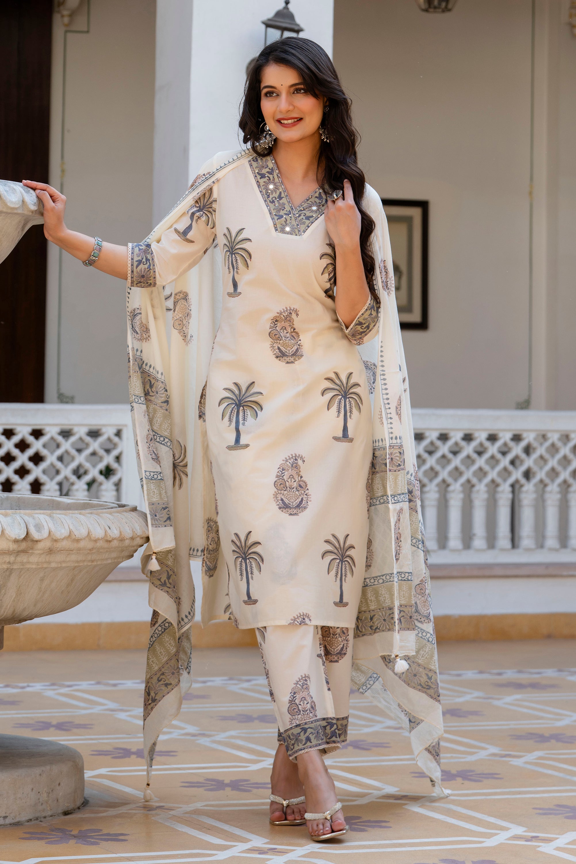 Ivory Hand-Block Printed Cotton Straight Suit Set with Cotton Dupatta
