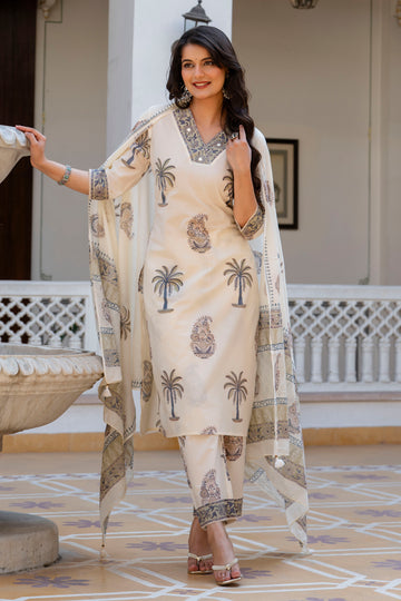Ivory Hand-Block Printed Cotton Straight Suit Set with Cotton Dupatta