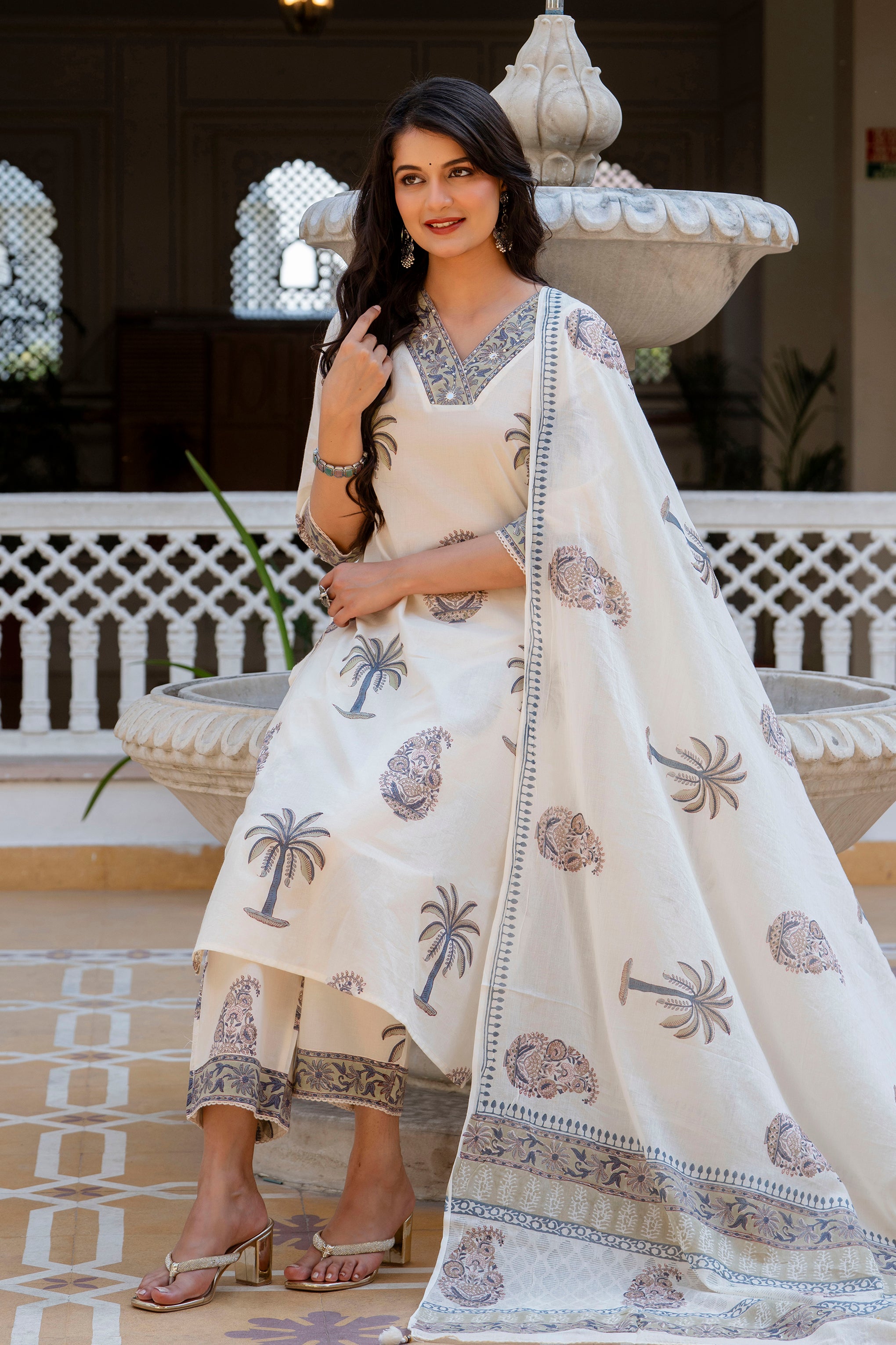 Ivory Hand-Block Printed Cotton Straight Suit Set with Cotton Dupatta