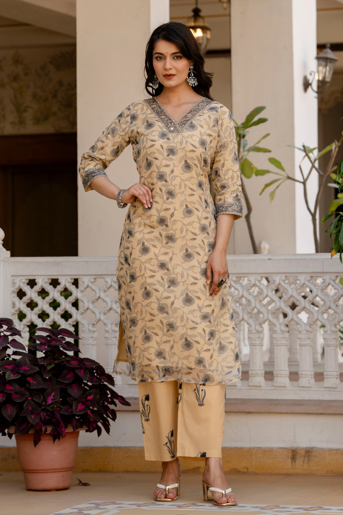 Beige & Blue Floral Hand-Block Printed Kota Doria Suit Set