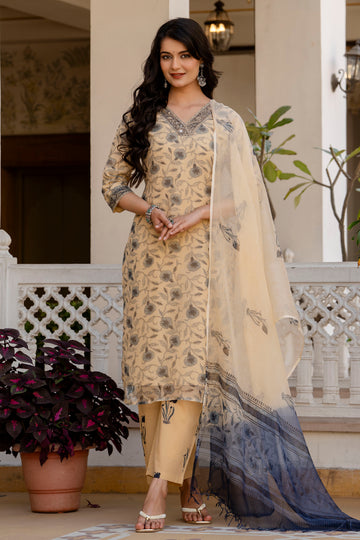 Beige & Blue Floral Hand-Block Printed Kota Doria Suit Set