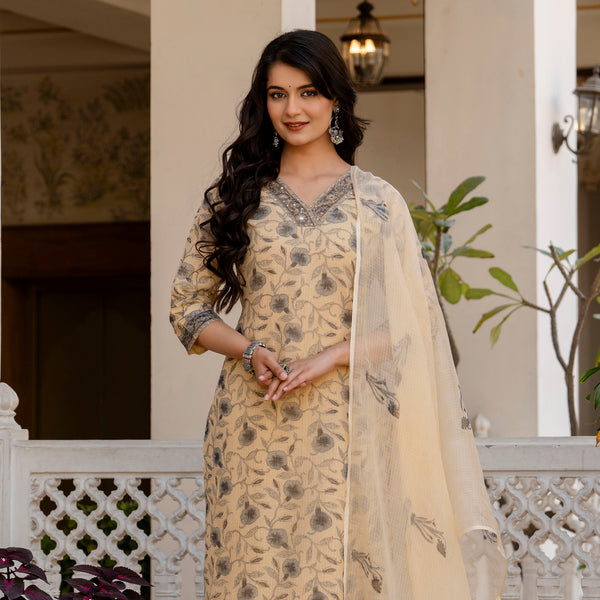 Beige & Blue Floral Hand-Block Printed Kota Doria Suit Set
