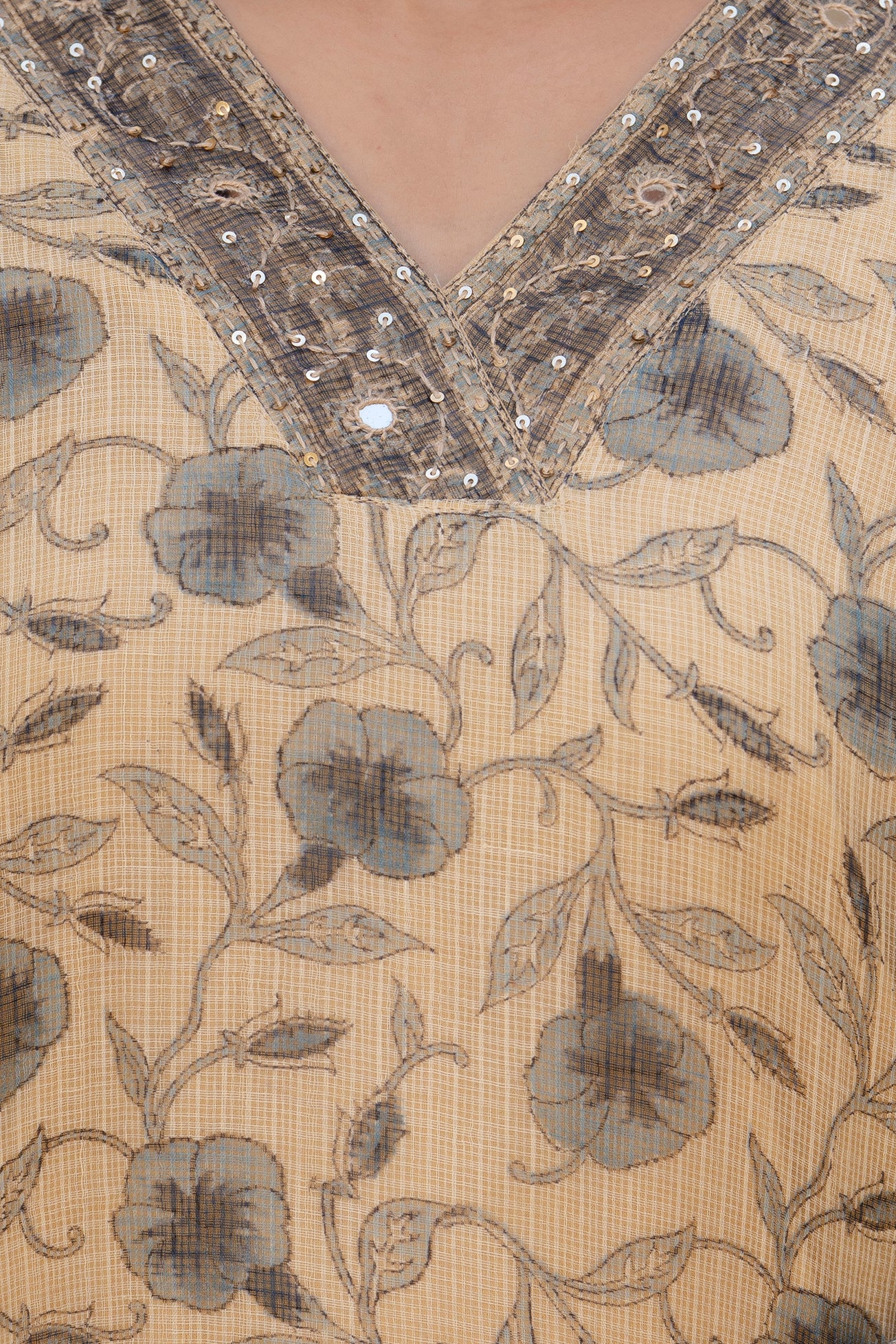 Beige & Blue Floral Hand-Block Printed Kota Doria Suit Set