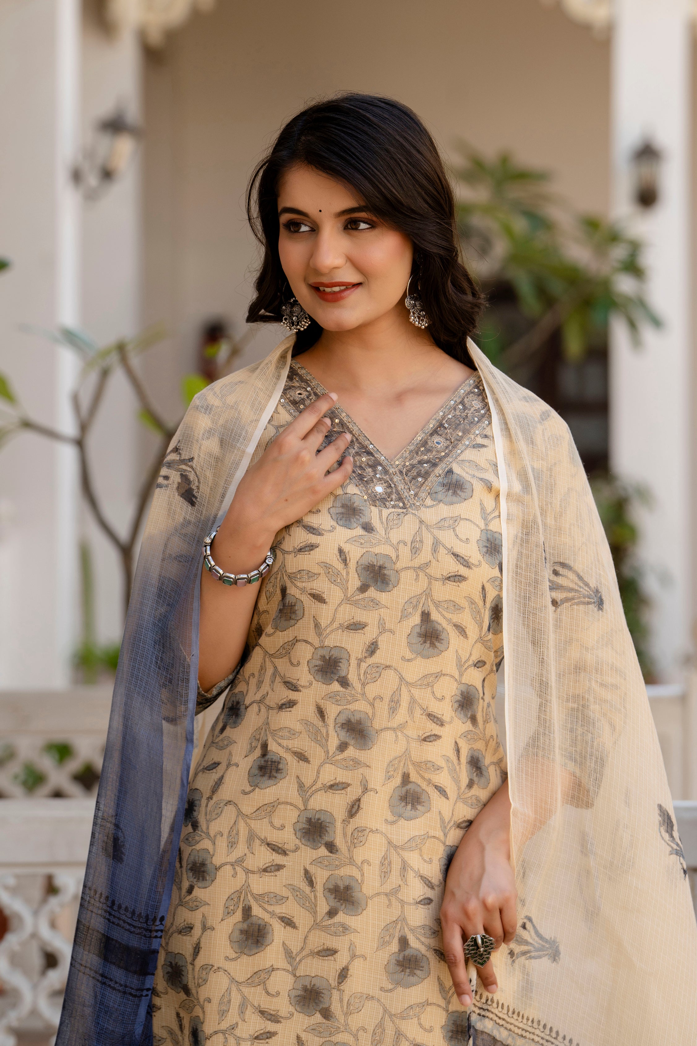 Beige & Blue Floral Hand-Block Printed Kota Doria Suit Set