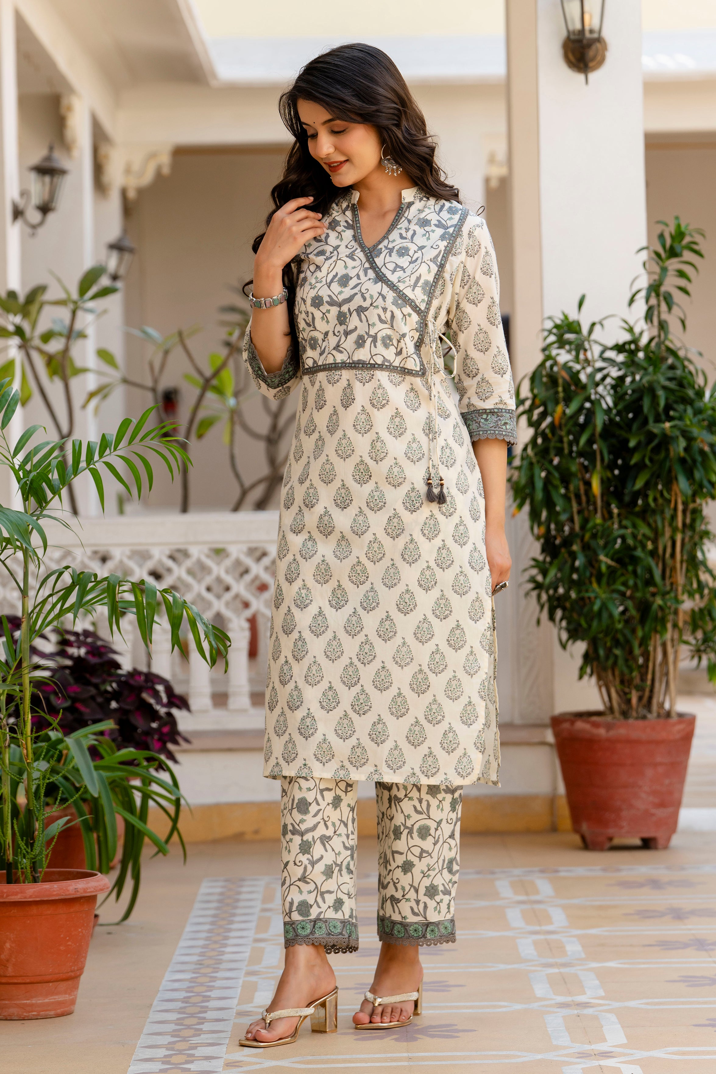 White & Grey Hand-Block Printed Cotton Suit Set