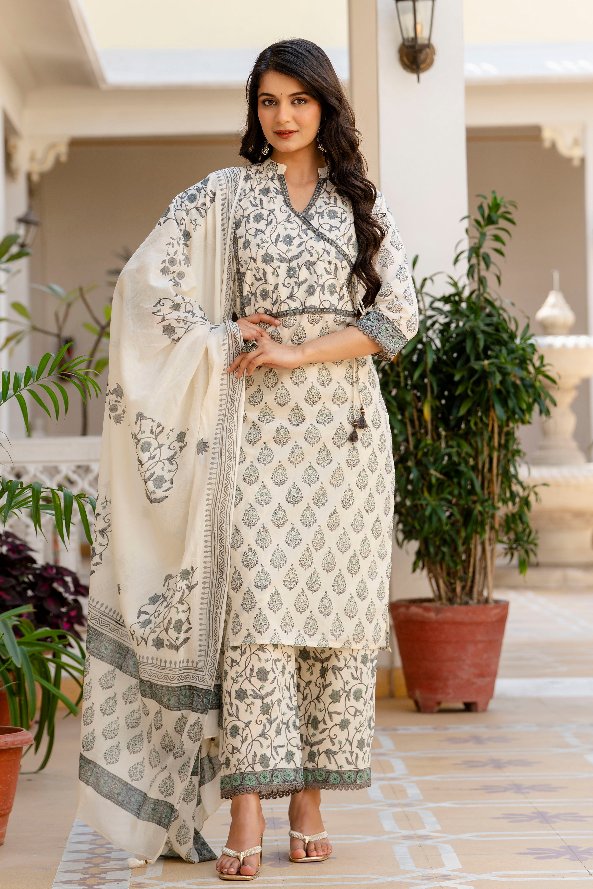 White & Grey Hand-Block Printed Cotton Suit Set