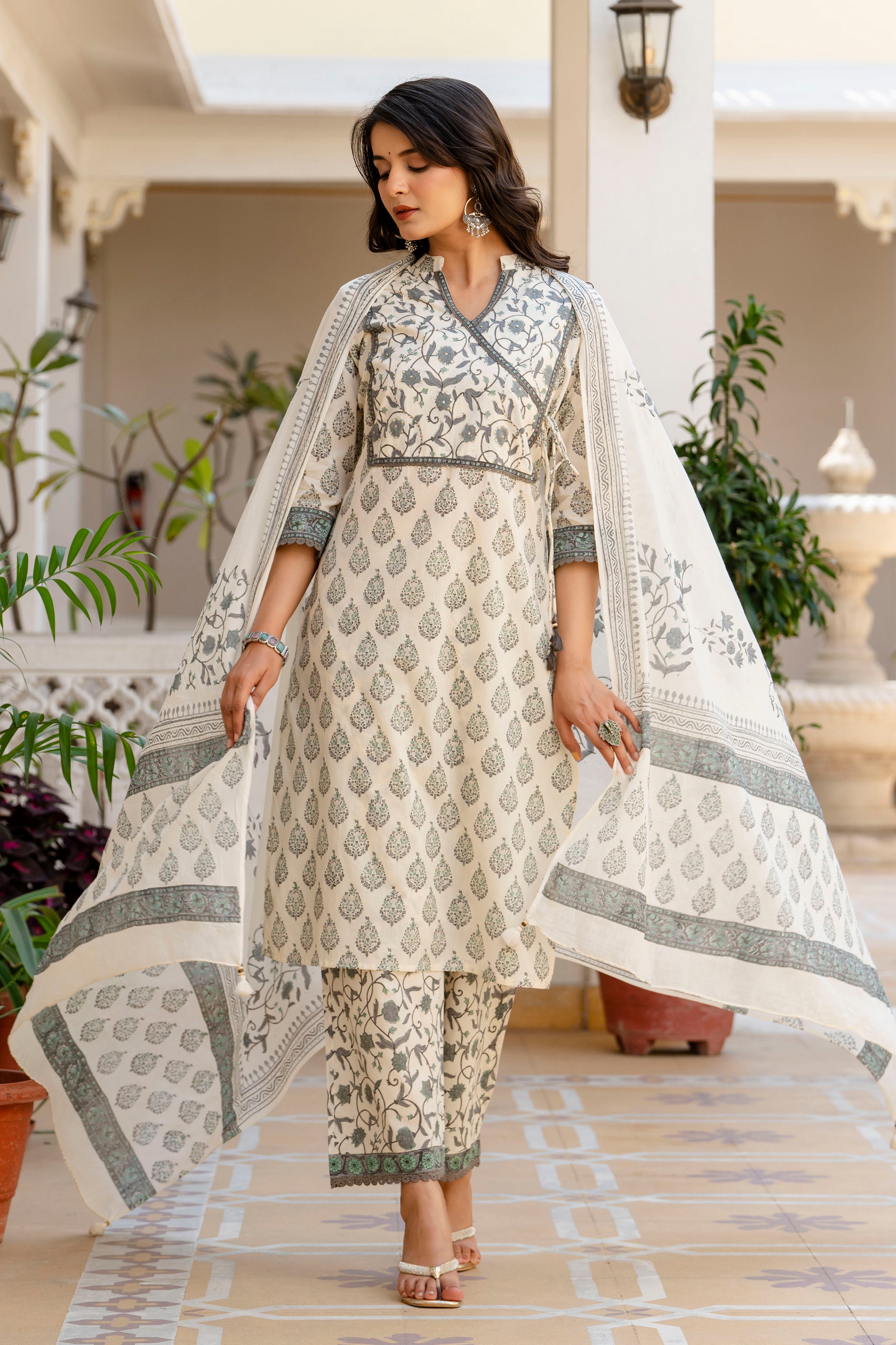 White & Grey Hand-Block Printed Cotton Suit Set