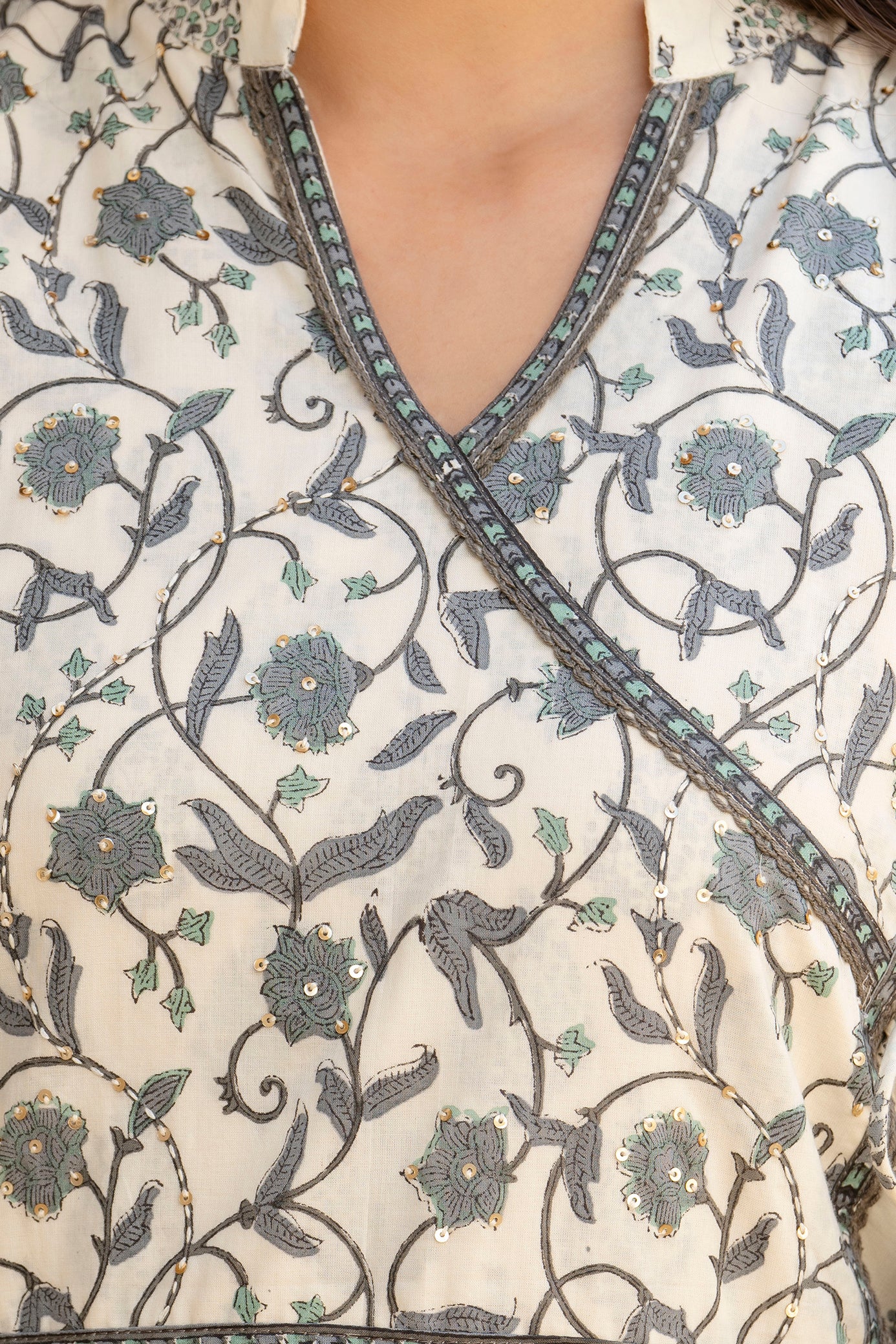 White & Grey Hand-Block Printed Cotton Suit Set