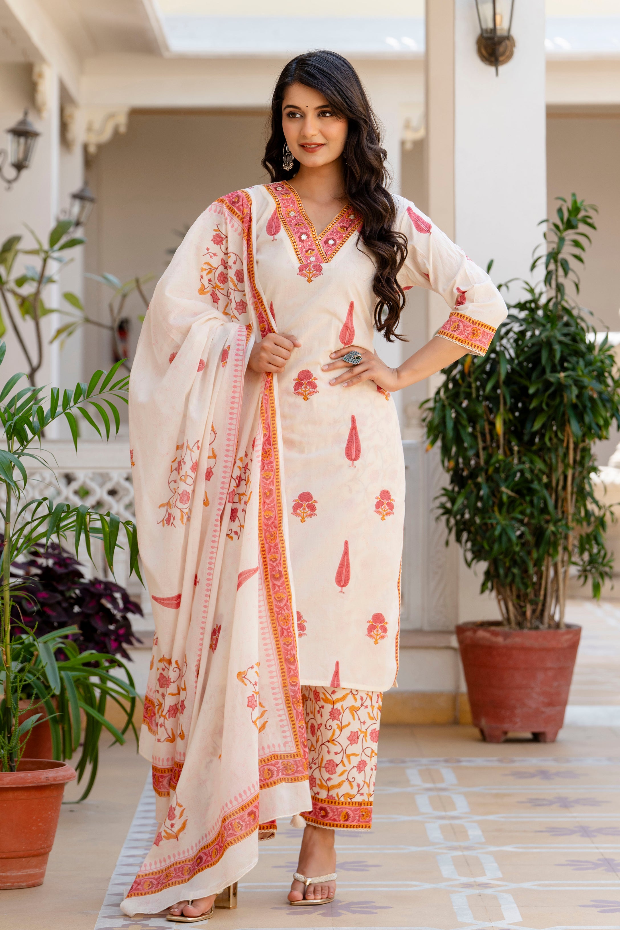 V neck Handblock Cotton Suit Set with Mulmul Dupatta