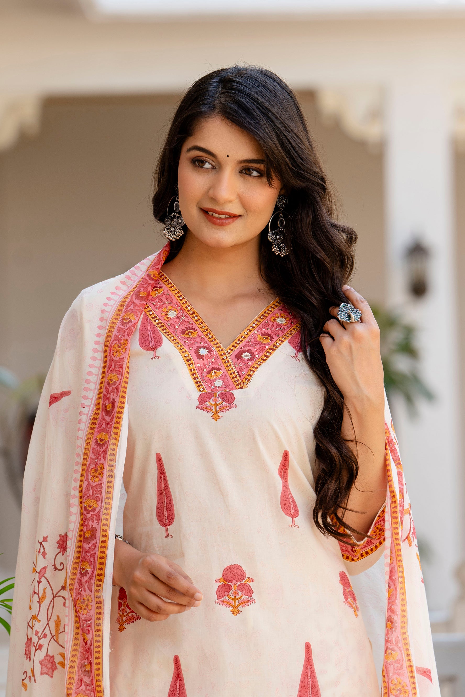 V neck Handblock Cotton Suit Set with Mulmul Dupatta