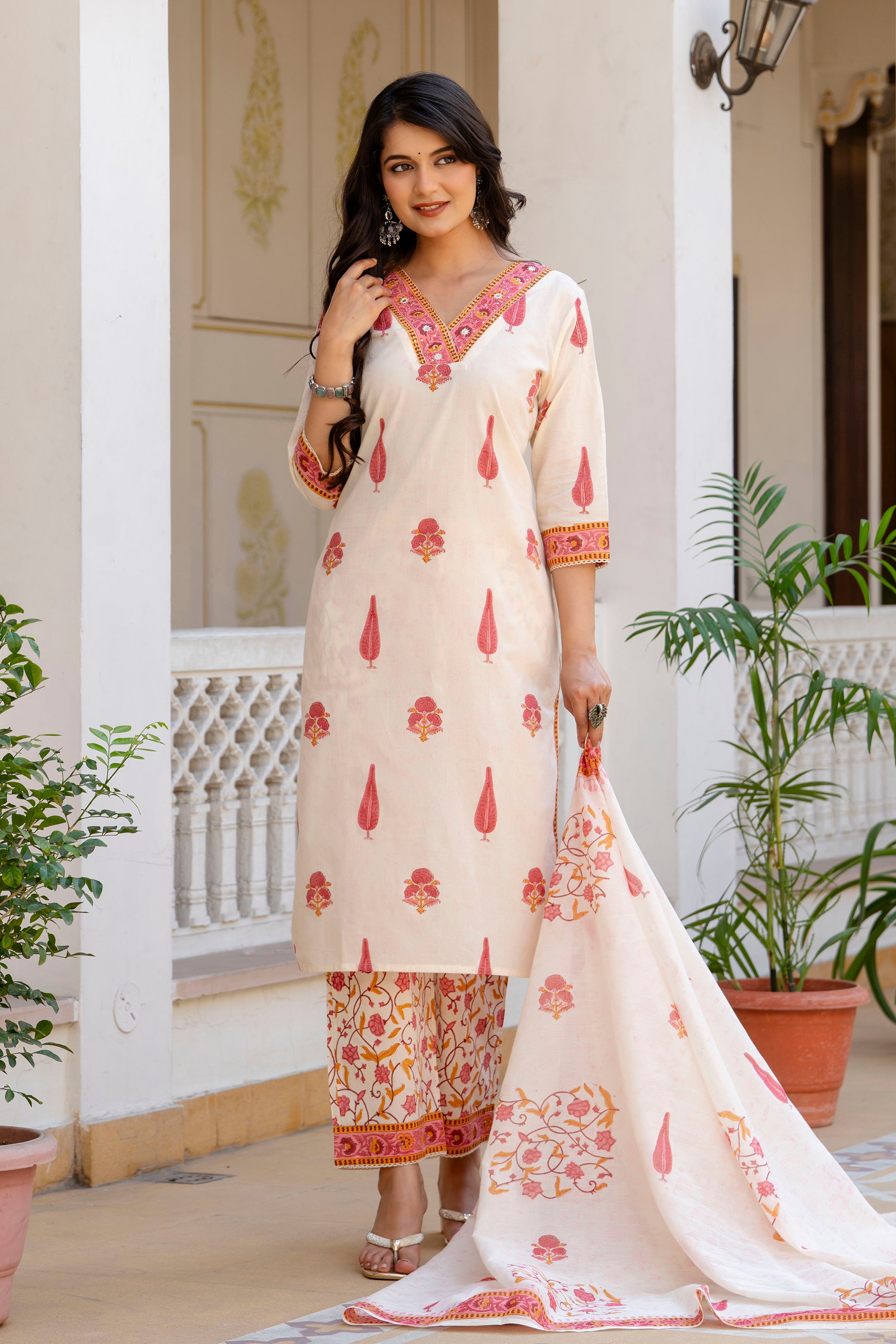 V neck Handblock Cotton Suit Set with Mulmul Dupatta