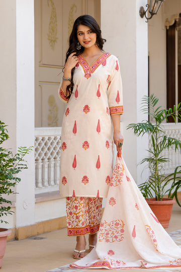 V neck Handblock Cotton Suit Set with Mulmul Dupatta
