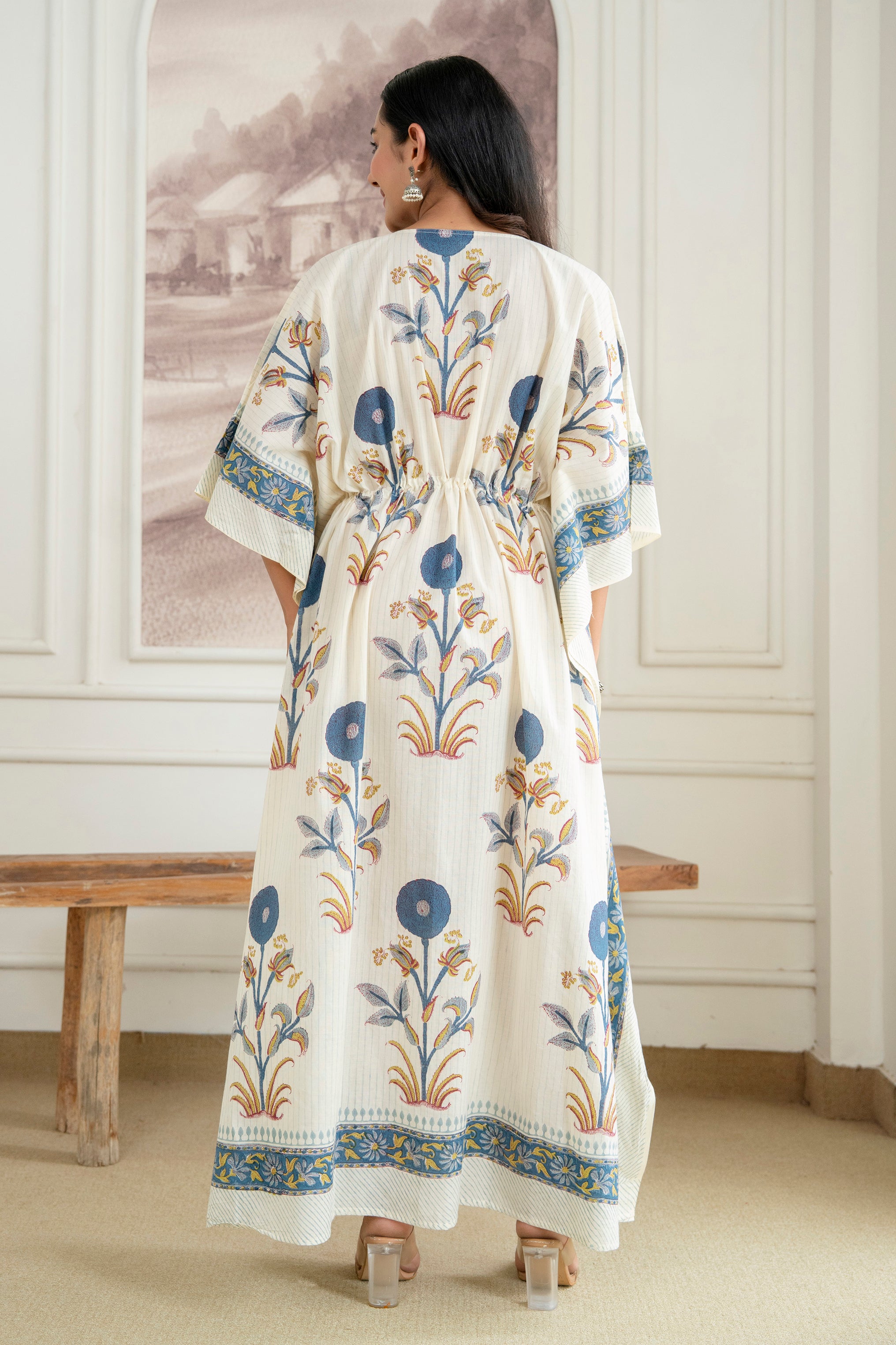 Blue Floral Hand Block Printed Cotton Kaftan