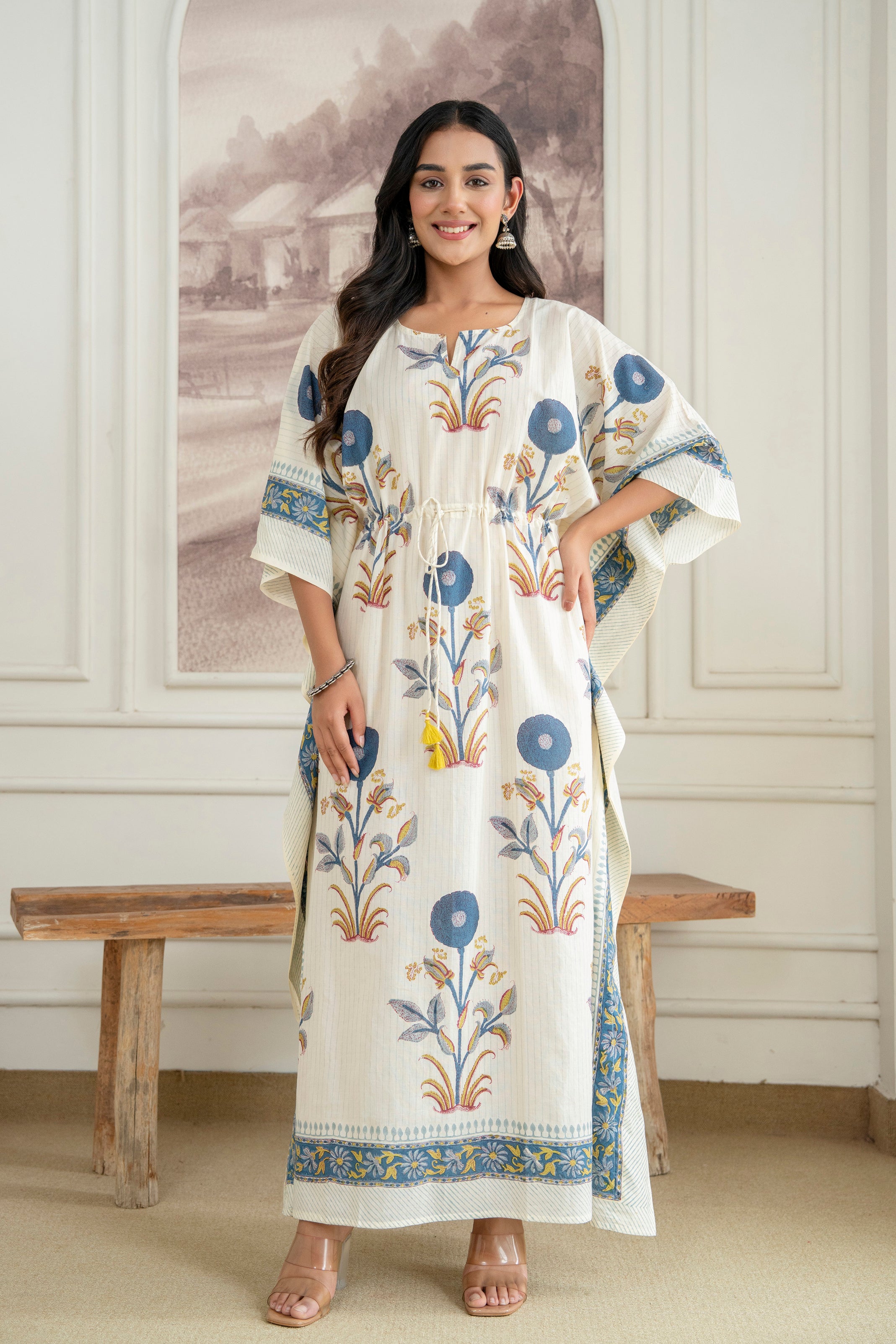 Blue Floral Hand Block Printed Cotton Kaftan