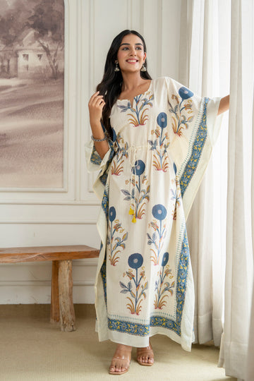 Blue Floral Hand Block Printed Cotton Kaftan