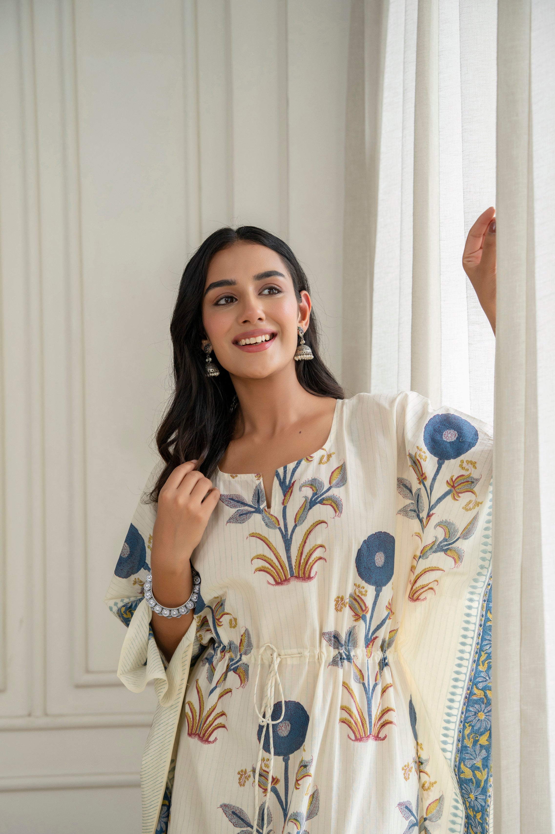 Blue Floral Hand Block Printed Cotton Kaftan