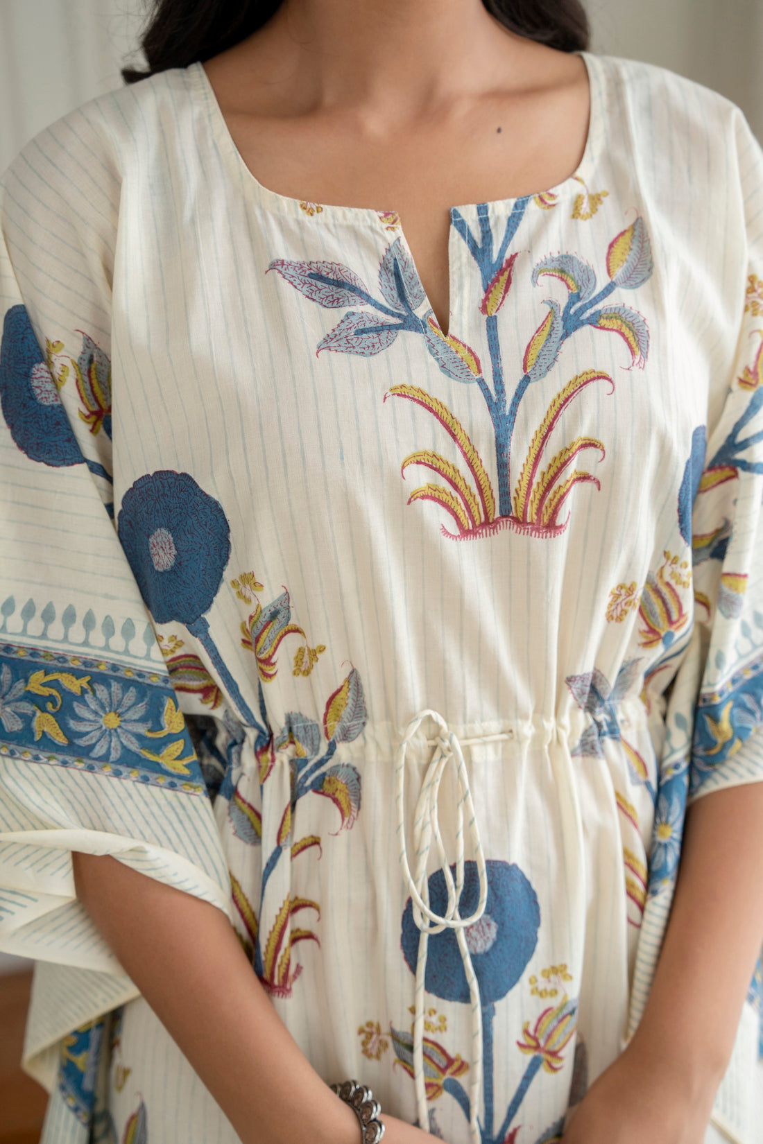 Blue Floral Hand Block Printed Cotton Kaftan