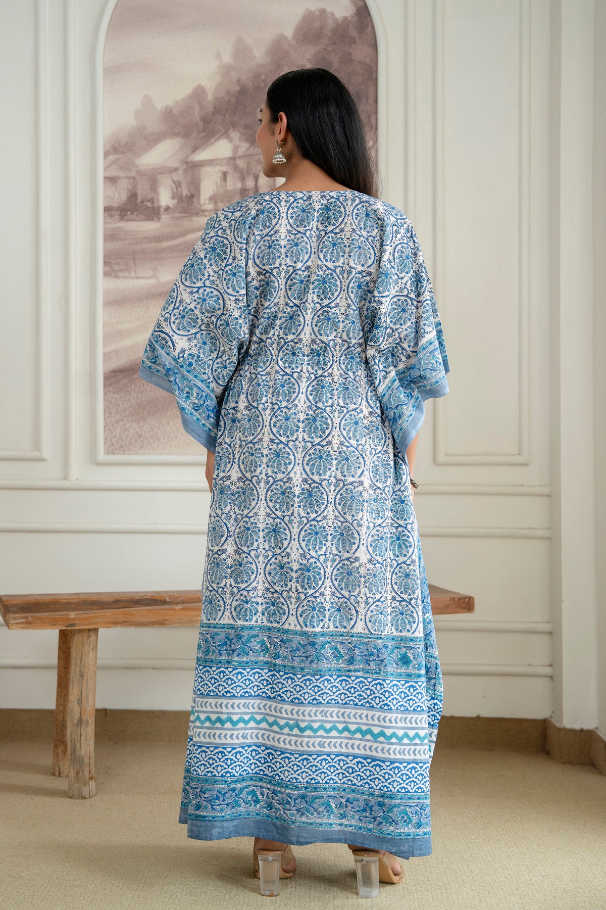 Blue Floral Hand Block Printed Cotton Kaftan
