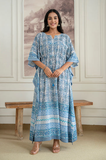 Blue Floral Hand Block Printed Cotton Kaftan