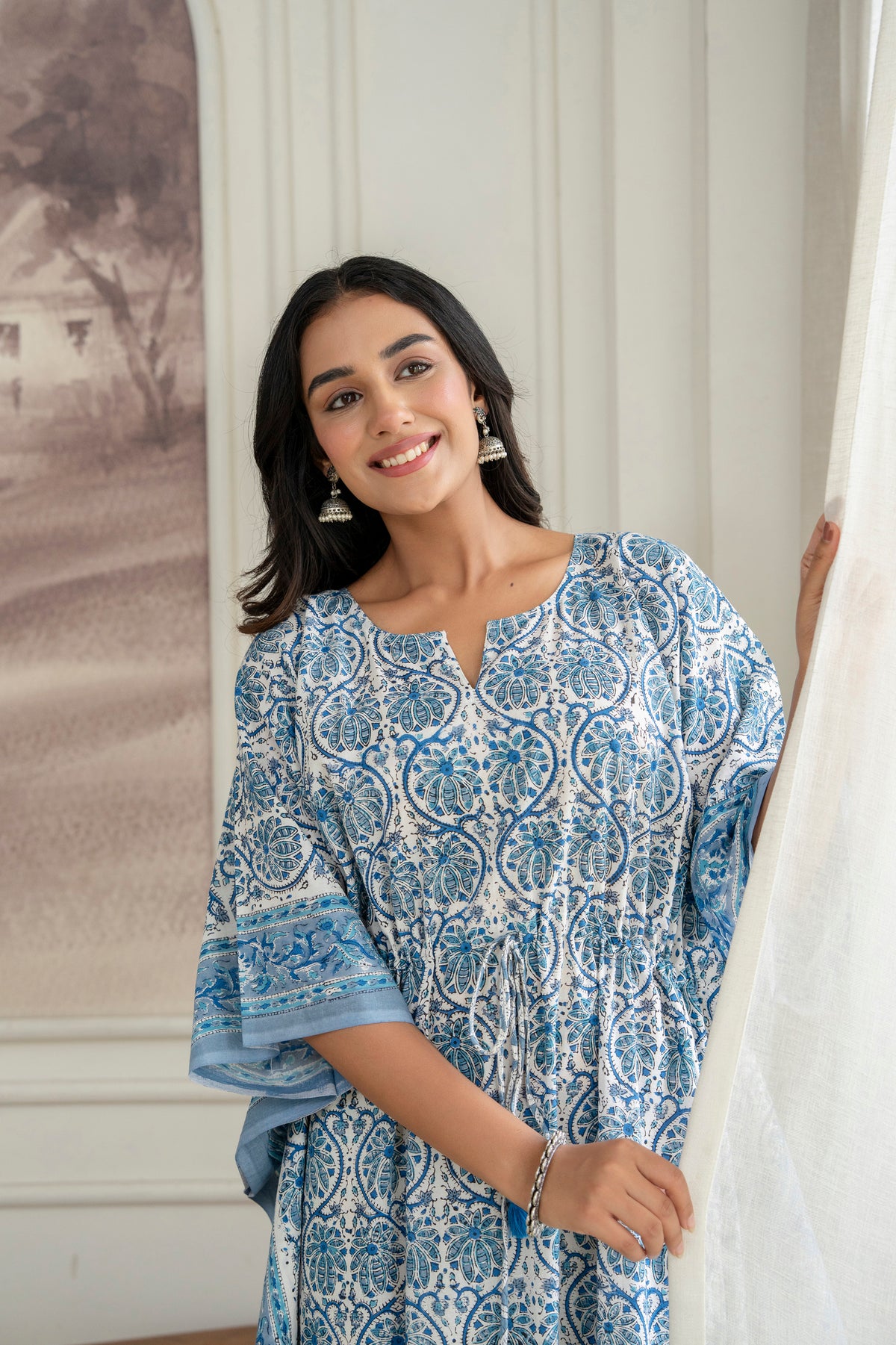 Blue Floral Hand Block Printed Cotton Kaftan