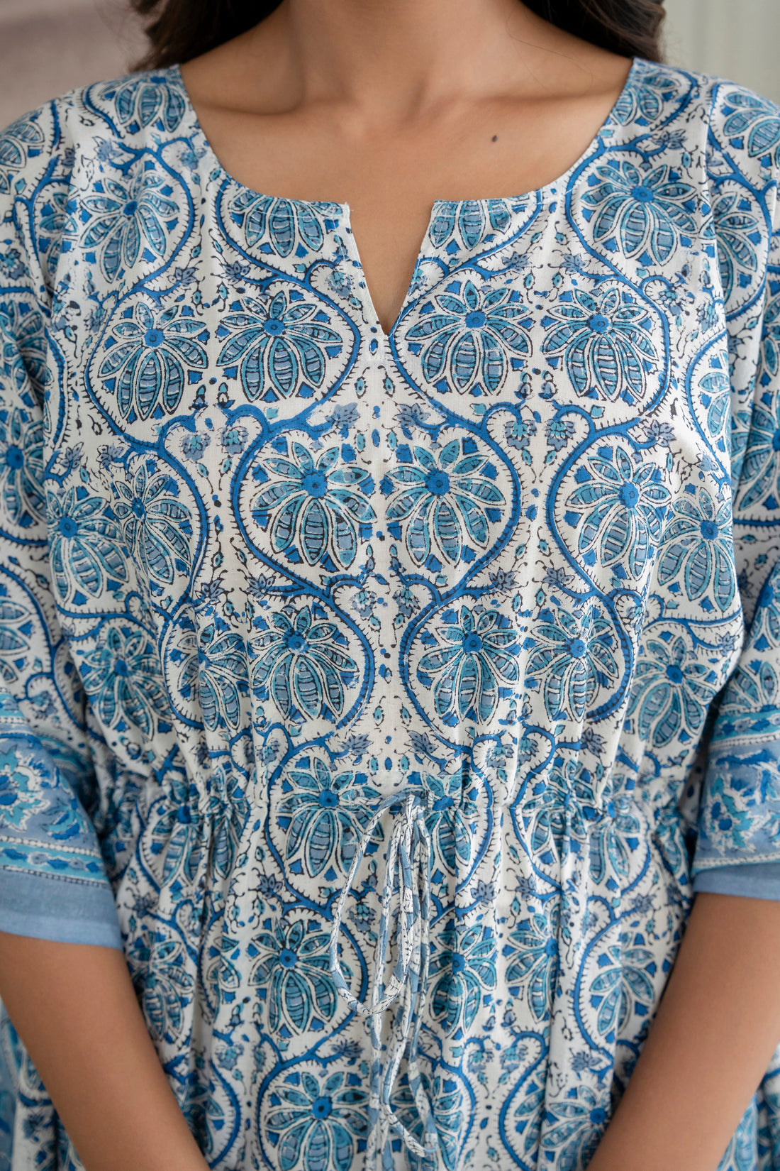 Blue Floral Hand Block Printed Cotton Kaftan