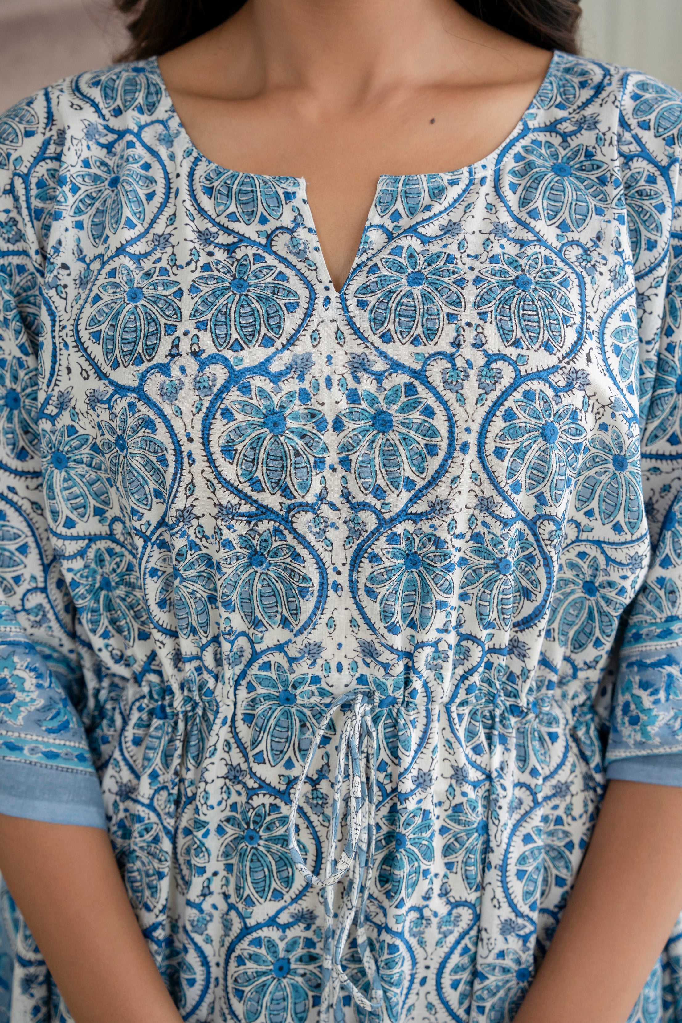 Blue Floral Hand Block Printed Cotton Kaftan