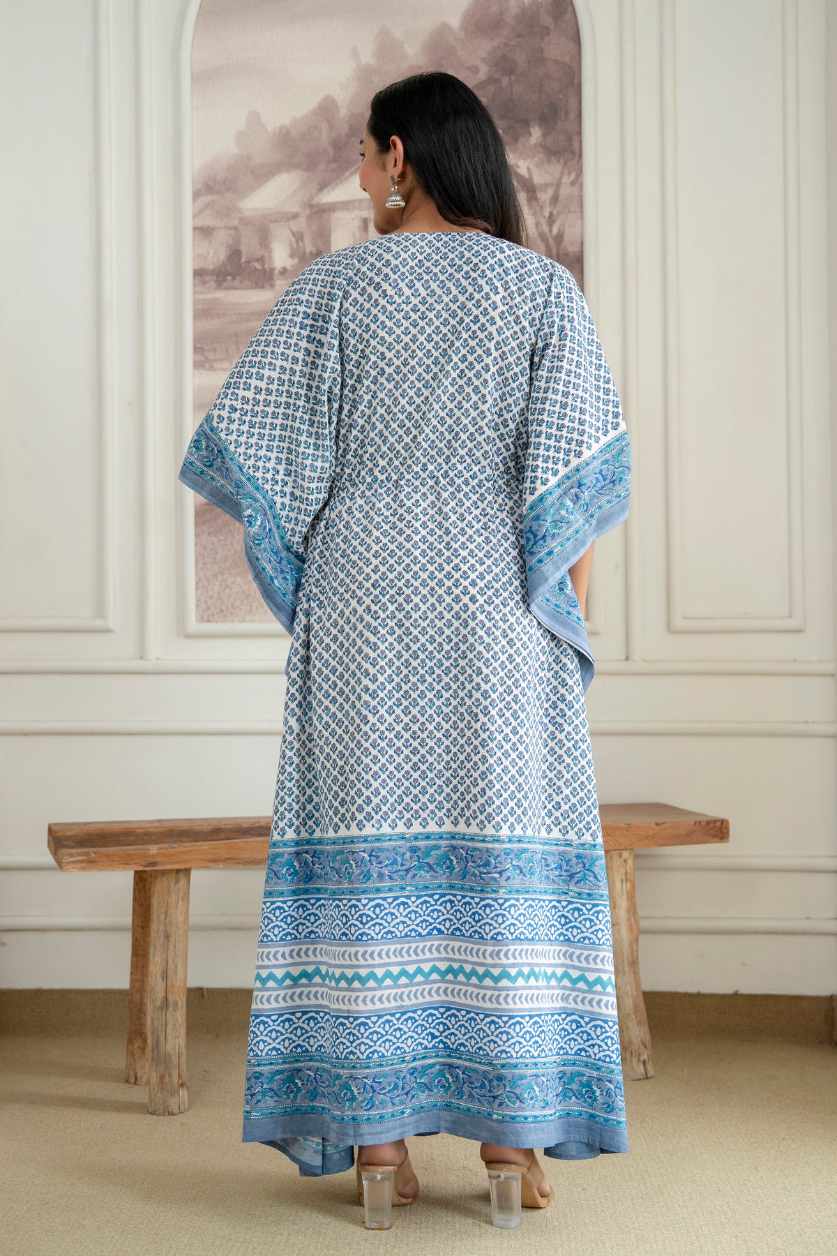 Blue Motif Hand Block Printed Cotton Kaftan