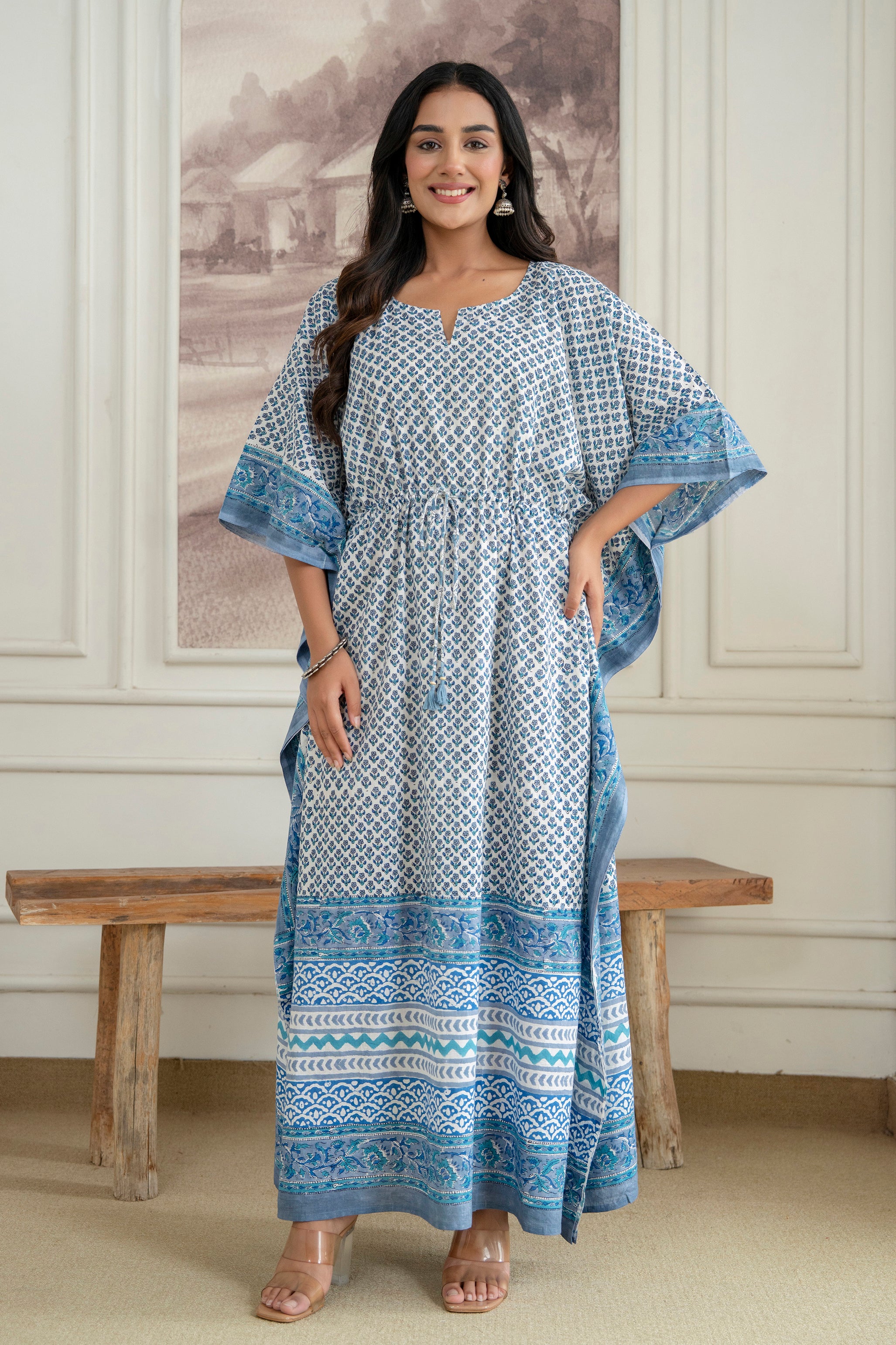 Blue Motif Hand Block Printed Cotton Kaftan