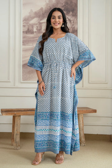 Blue Motif Hand Block Printed Cotton Kaftan