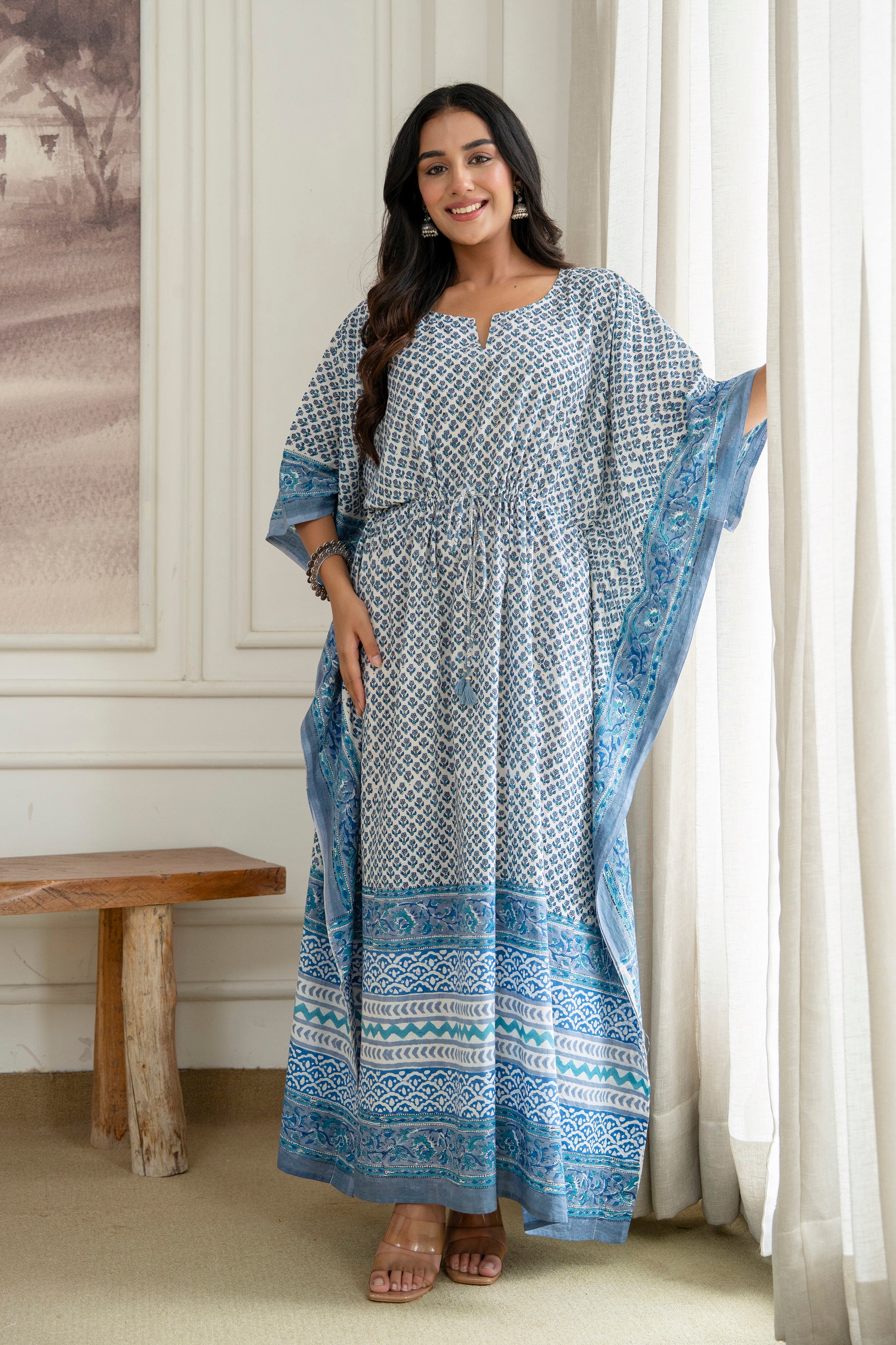 Blue Motif Hand Block Printed Cotton Kaftan