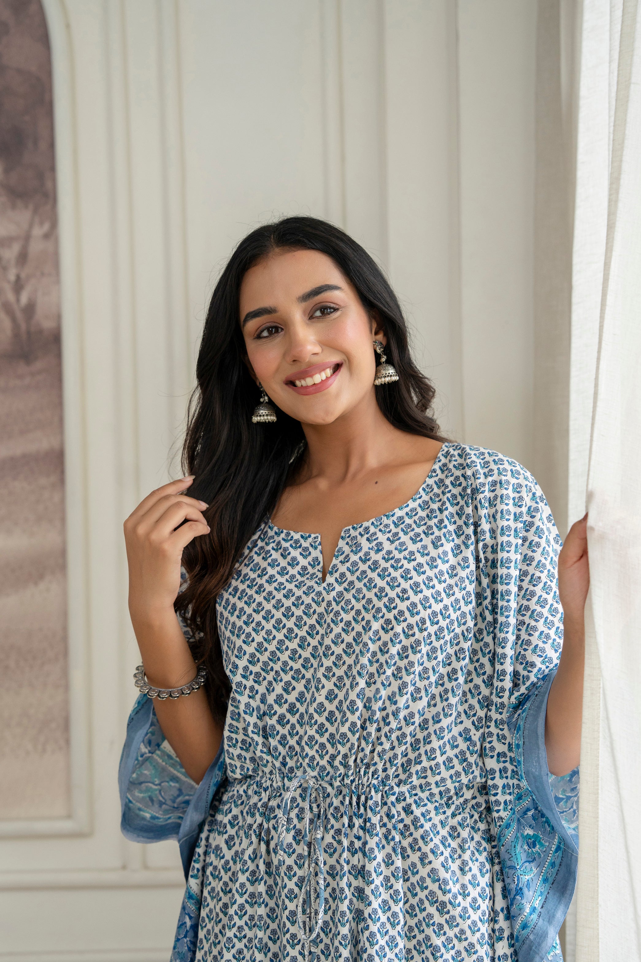 Blue Motif Hand Block Printed Cotton Kaftan