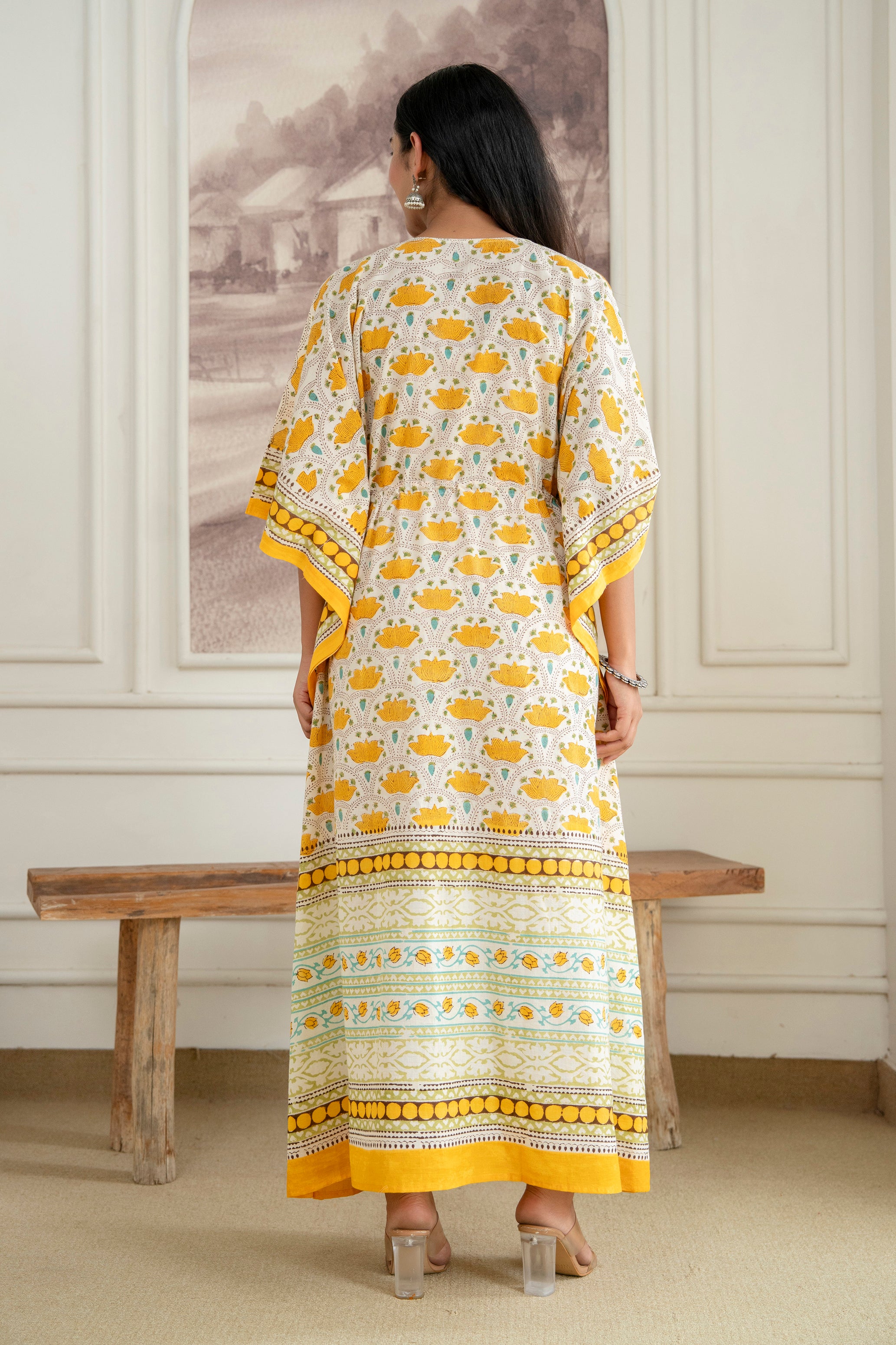 Lotus Trail Hand Block Printed Cotton Kaftan In Yellow