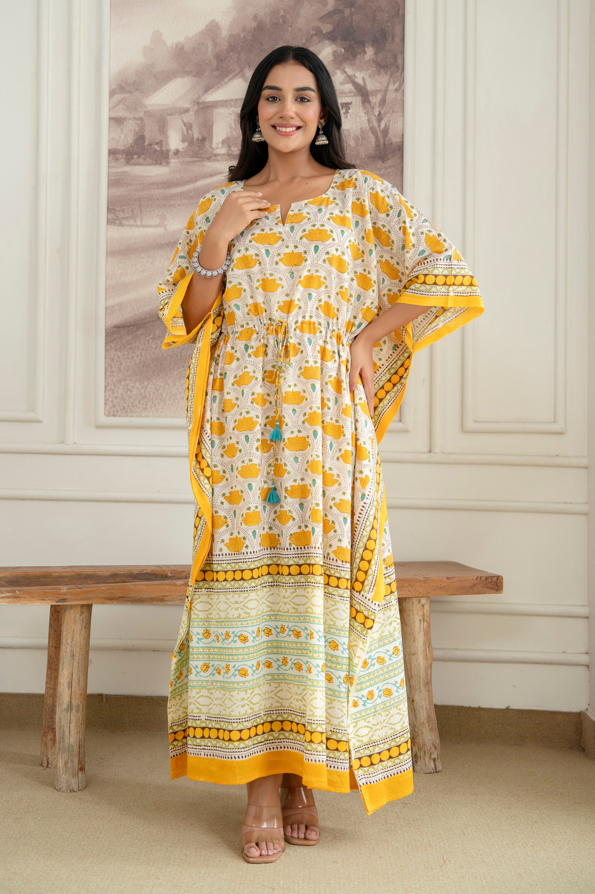 Lotus Trail Hand Block Printed Cotton Kaftan In Yellow