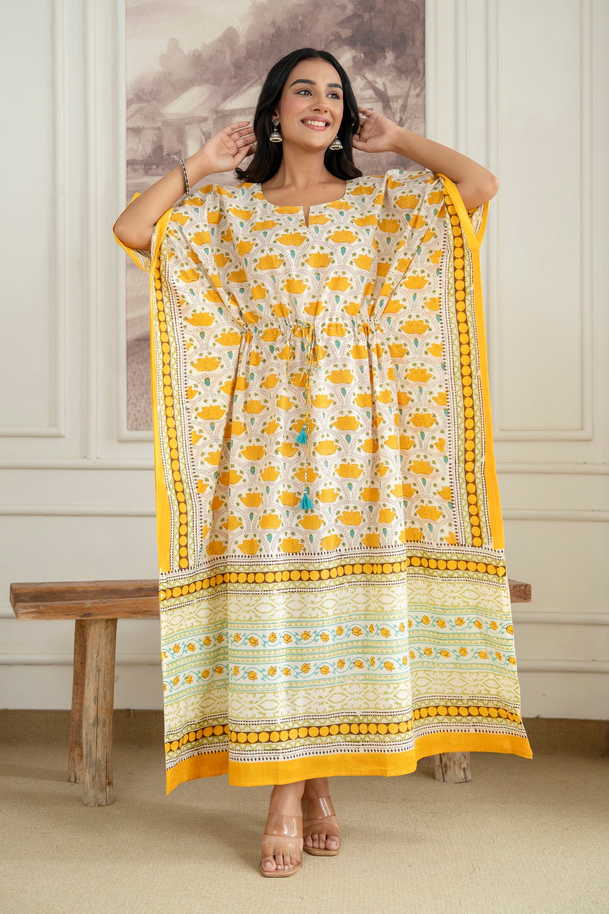 Lotus Trail Hand Block Printed Cotton Kaftan In Yellow