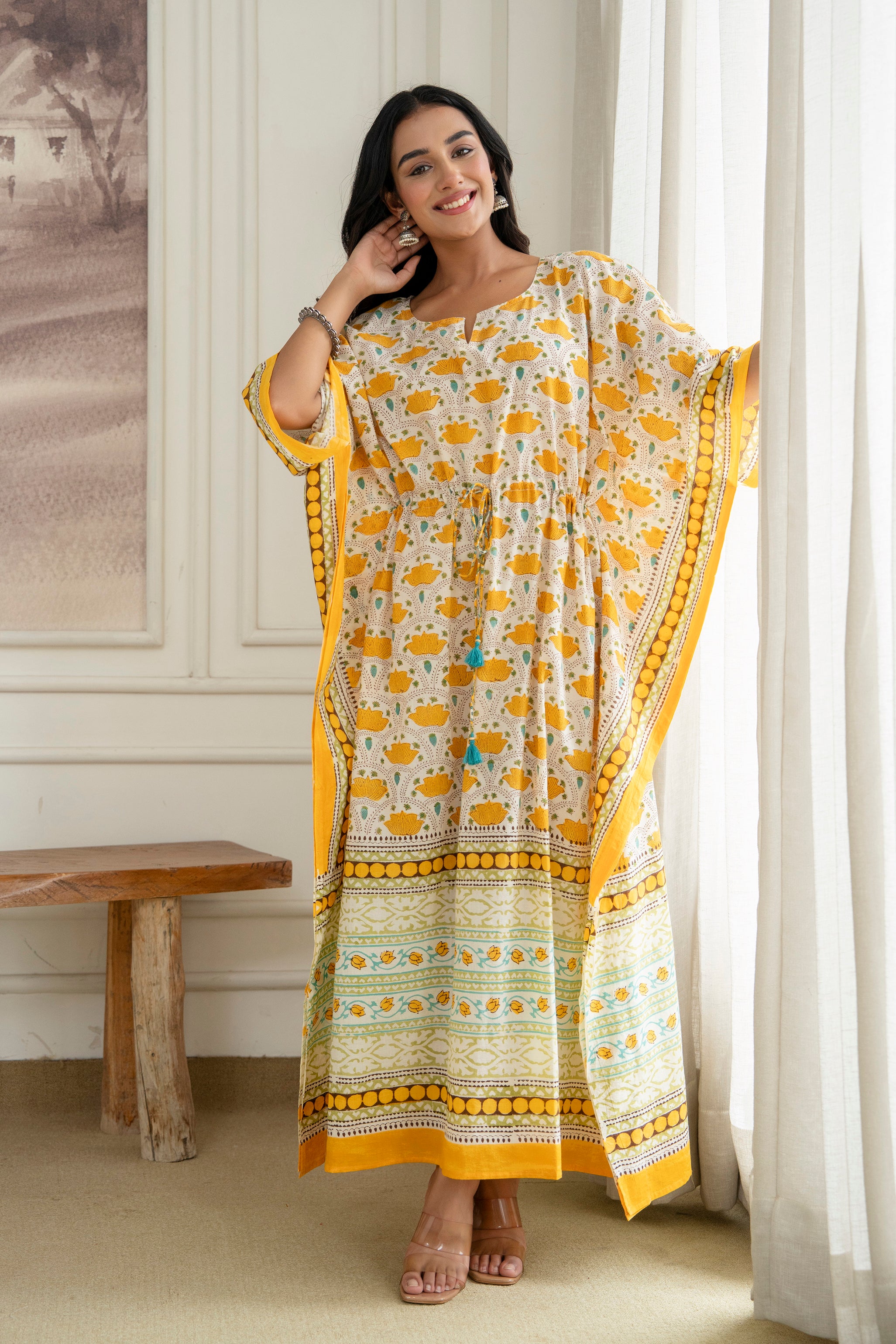 Lotus Trail Hand Block Printed Cotton Kaftan In Yellow