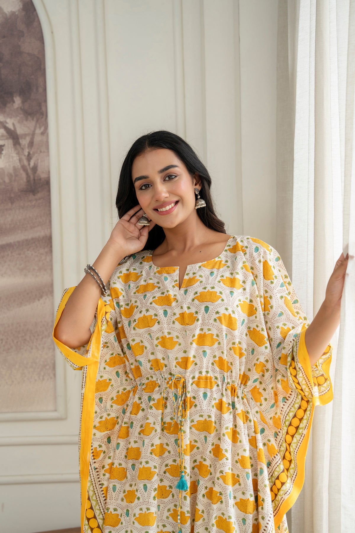 Lotus Trail Hand Block Printed Cotton Kaftan In Yellow
