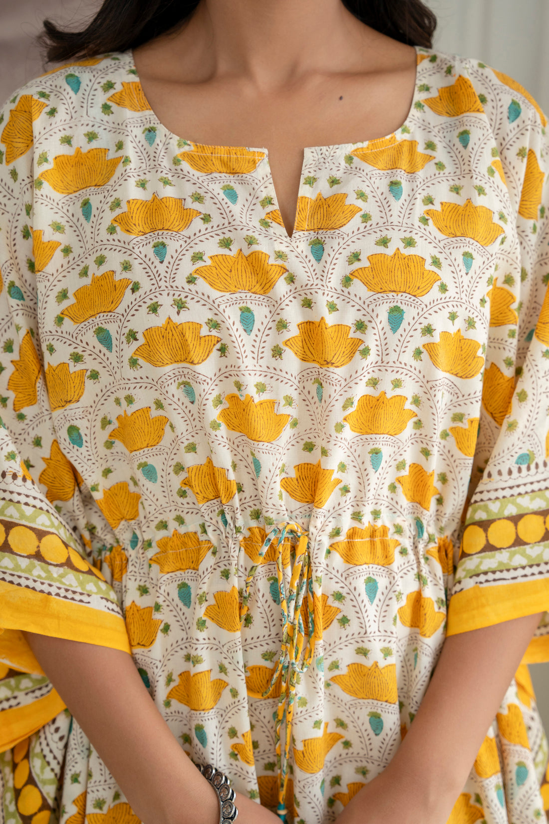 Lotus Trail Hand Block Printed Cotton Kaftan In Yellow