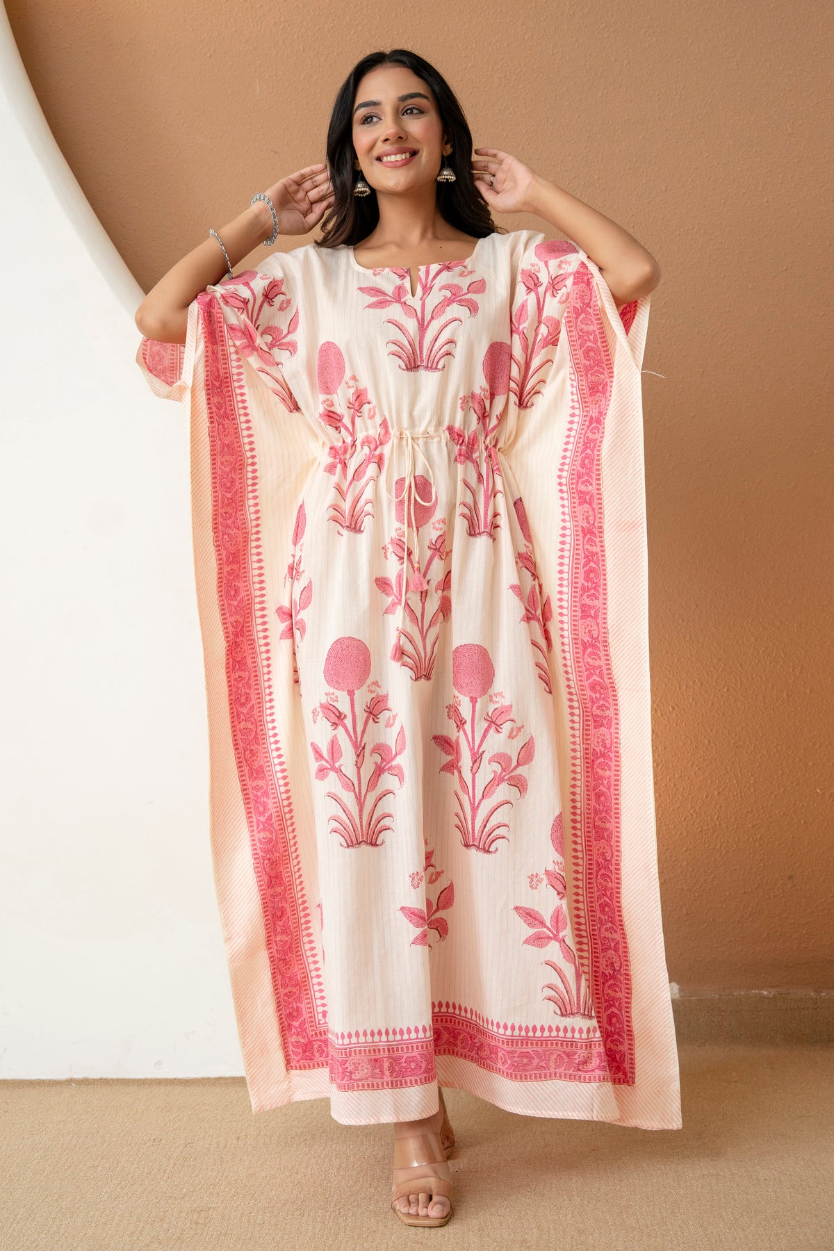 Blush Bloom Hand Block Printed Cotton Kaftan