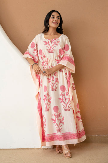 Blush Bloom Hand Block Printed Cotton Kaftan
