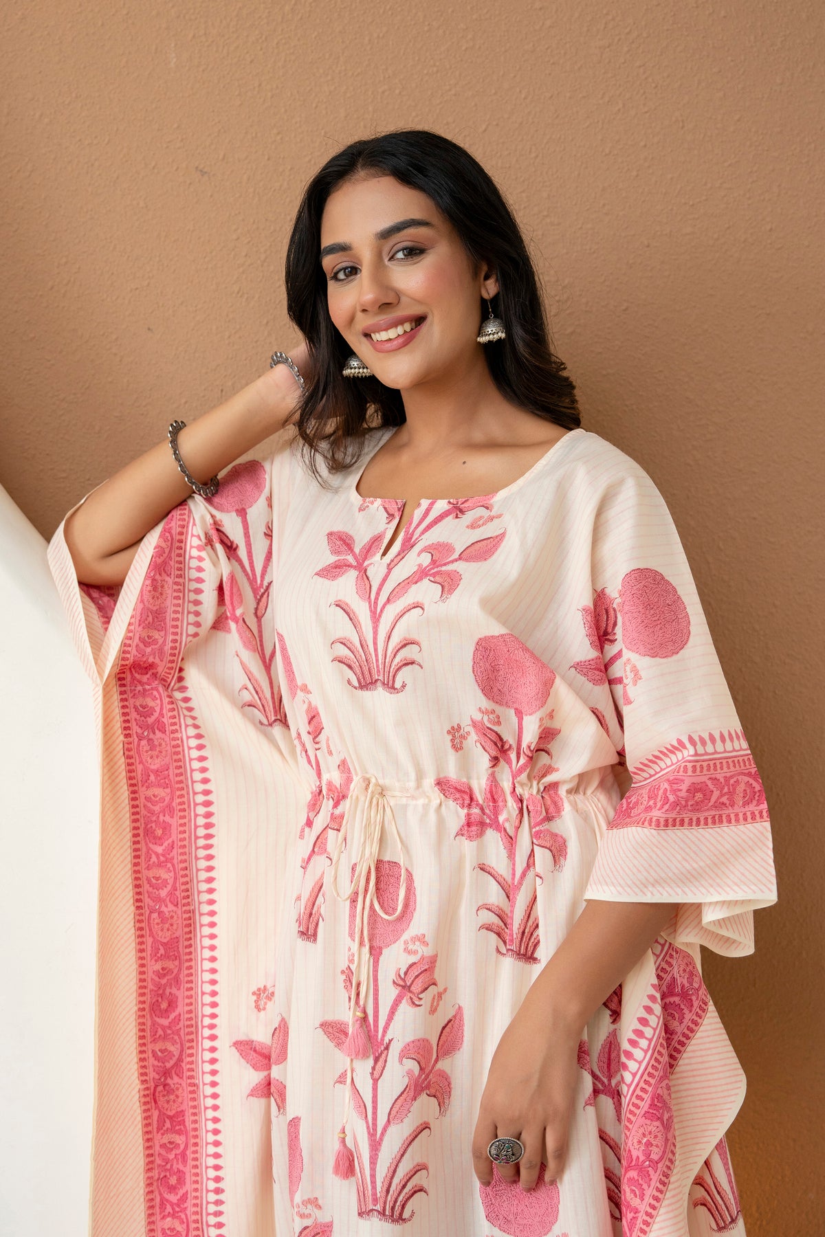 Blush Bloom Hand Block Printed Cotton Kaftan