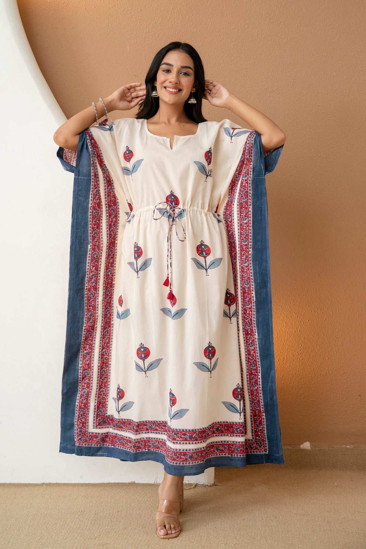 Crimson Bloom Hand Block Printed Cotton Kaftan