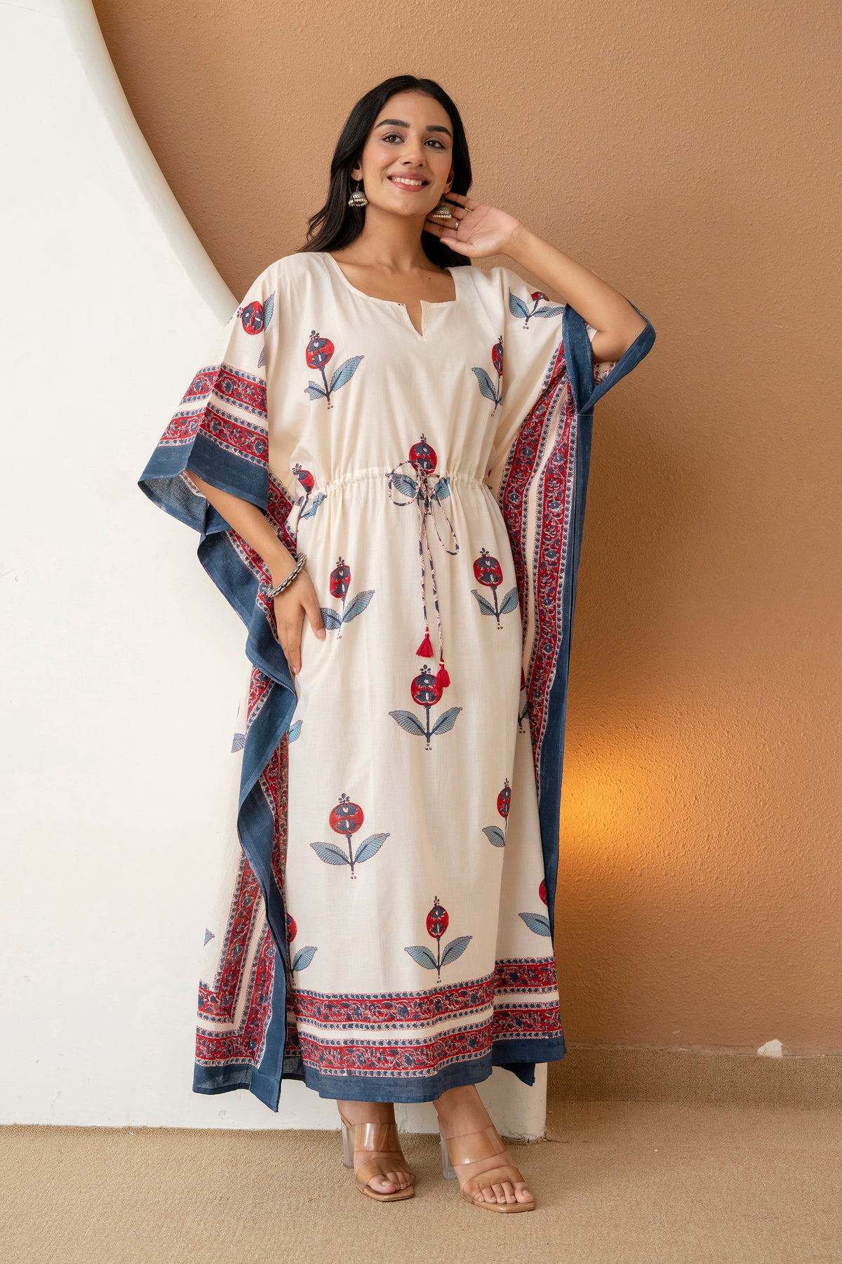 Crimson Bloom Hand Block Printed Cotton Kaftan