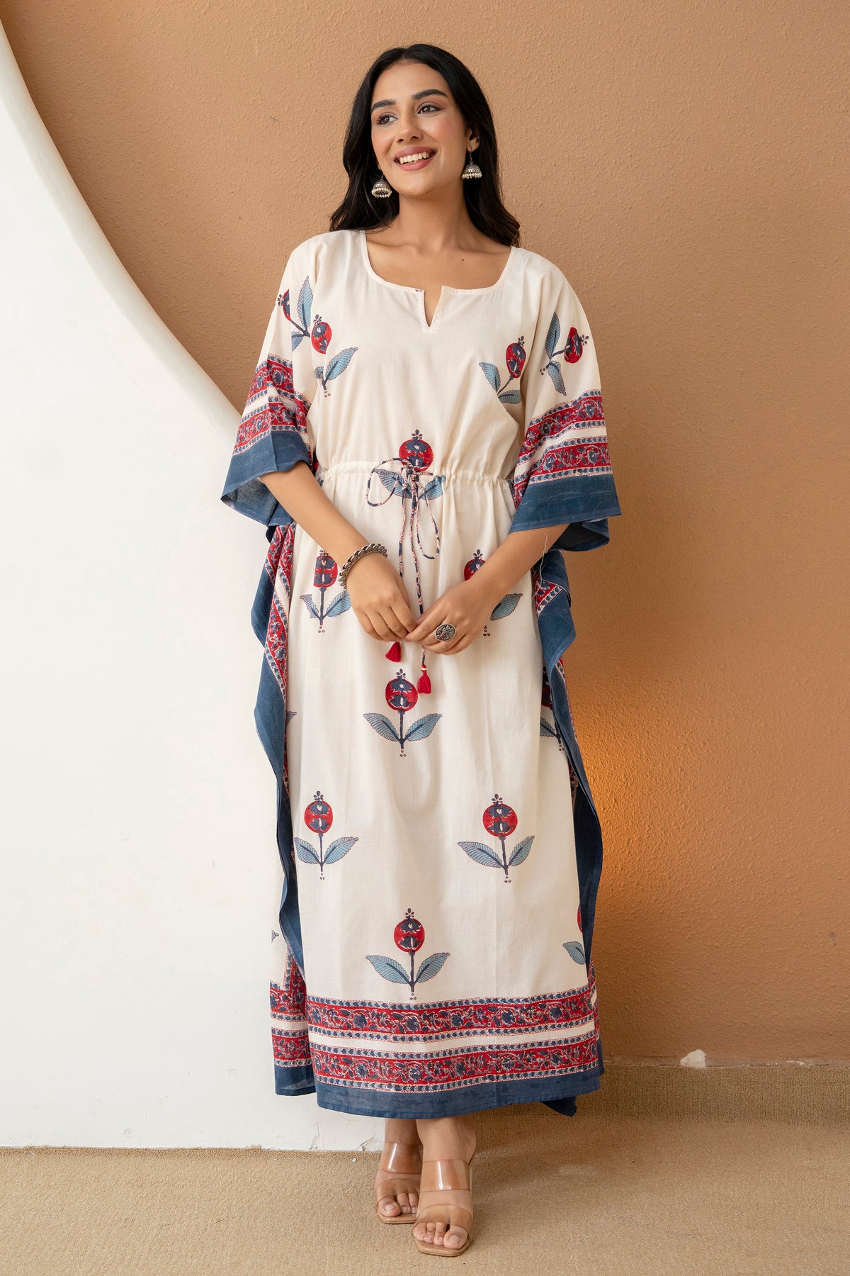 Crimson Bloom Hand Block Printed Cotton Kaftan