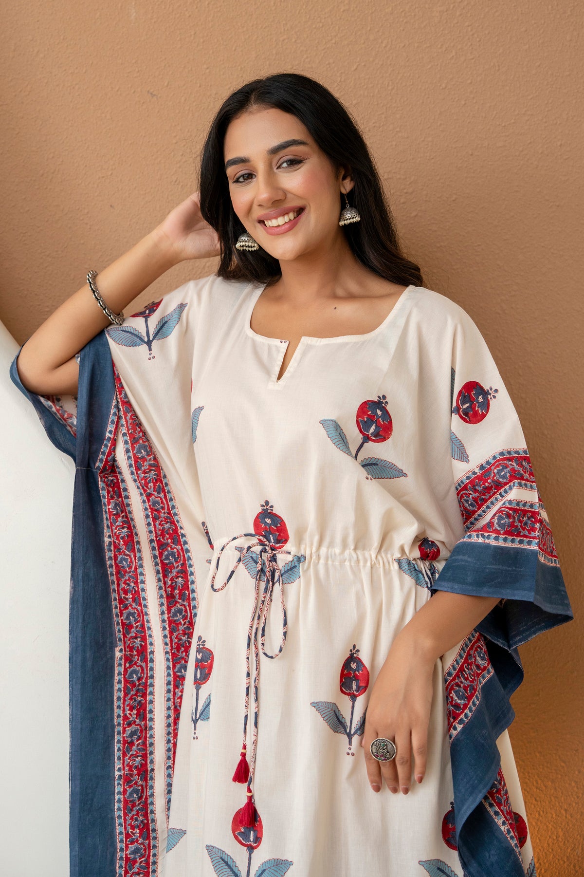 Crimson Bloom Hand Block Printed Cotton Kaftan