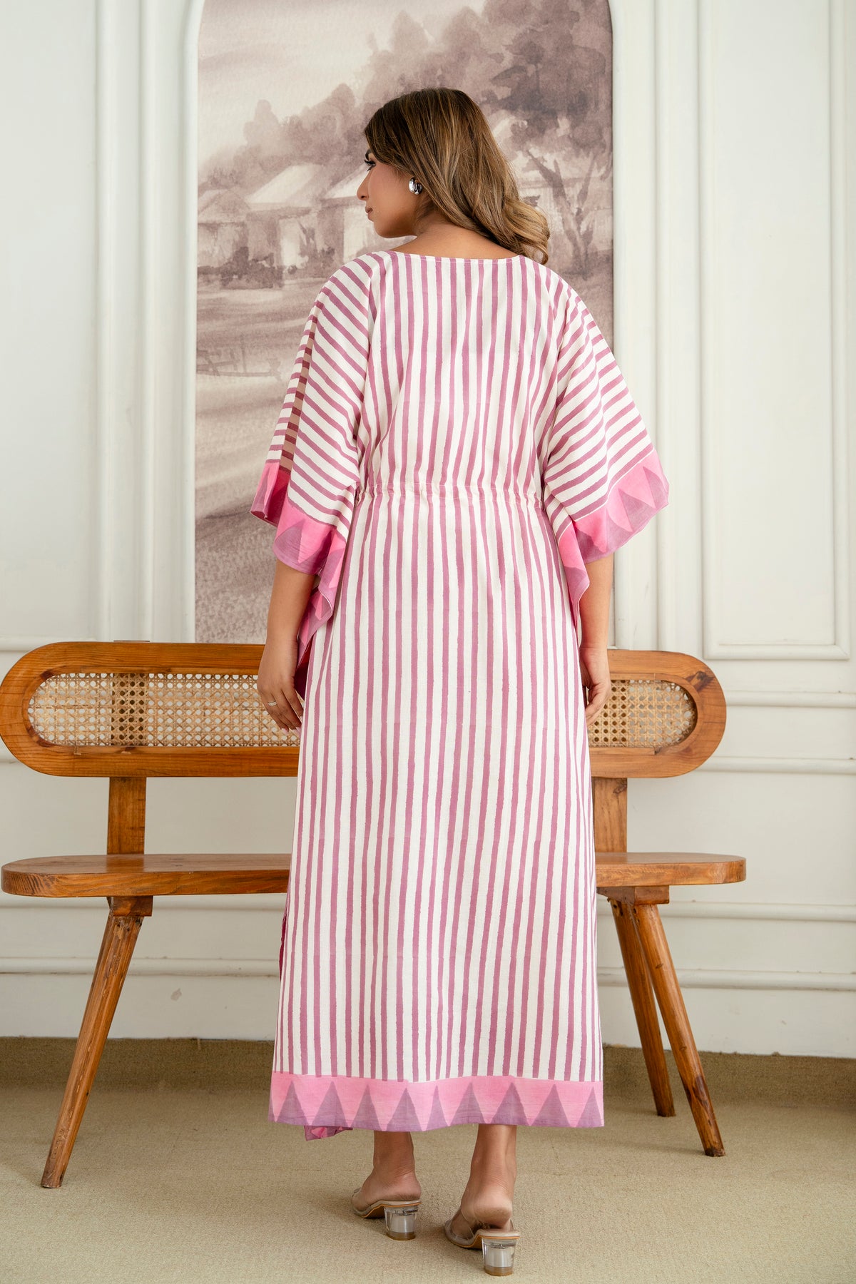 Pink Stripe Hand Block Printed Cotton Kaftan